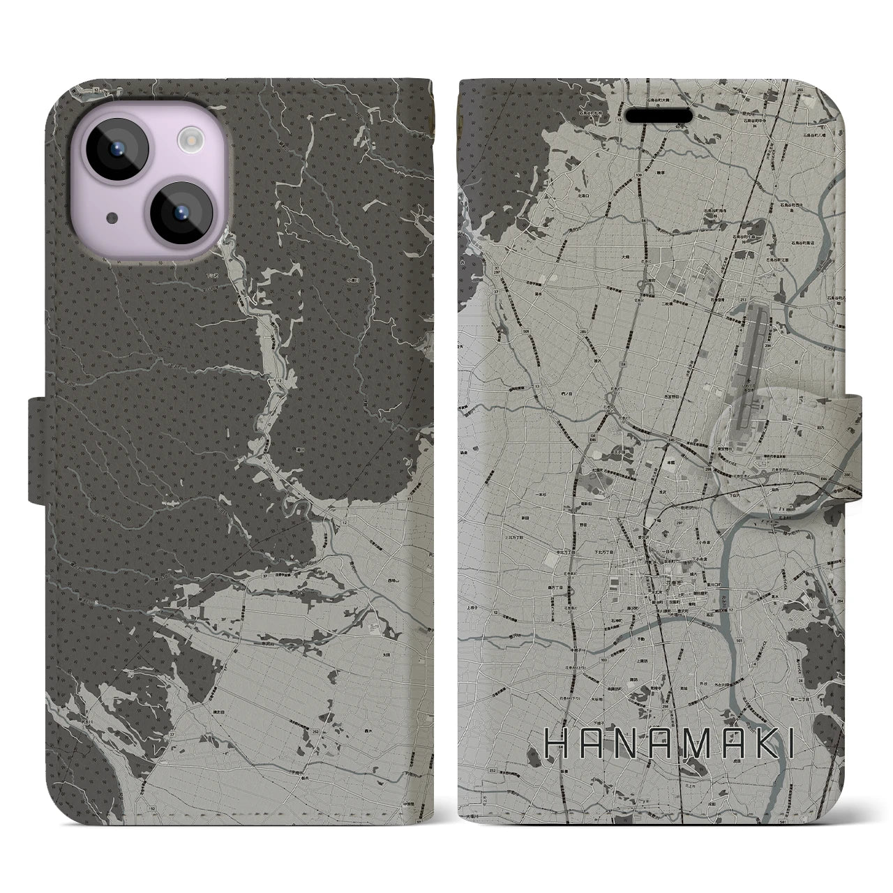 【花巻(岩手県)】地図柄iPhoneケース(手帳タイプ)モノトーン・iPhone 14 用