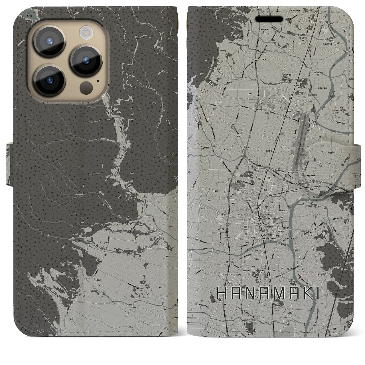【花巻(岩手県)】地図柄iPhoneケース(手帳タイプ)モノトーン・iPhone 14 Pro Max 用