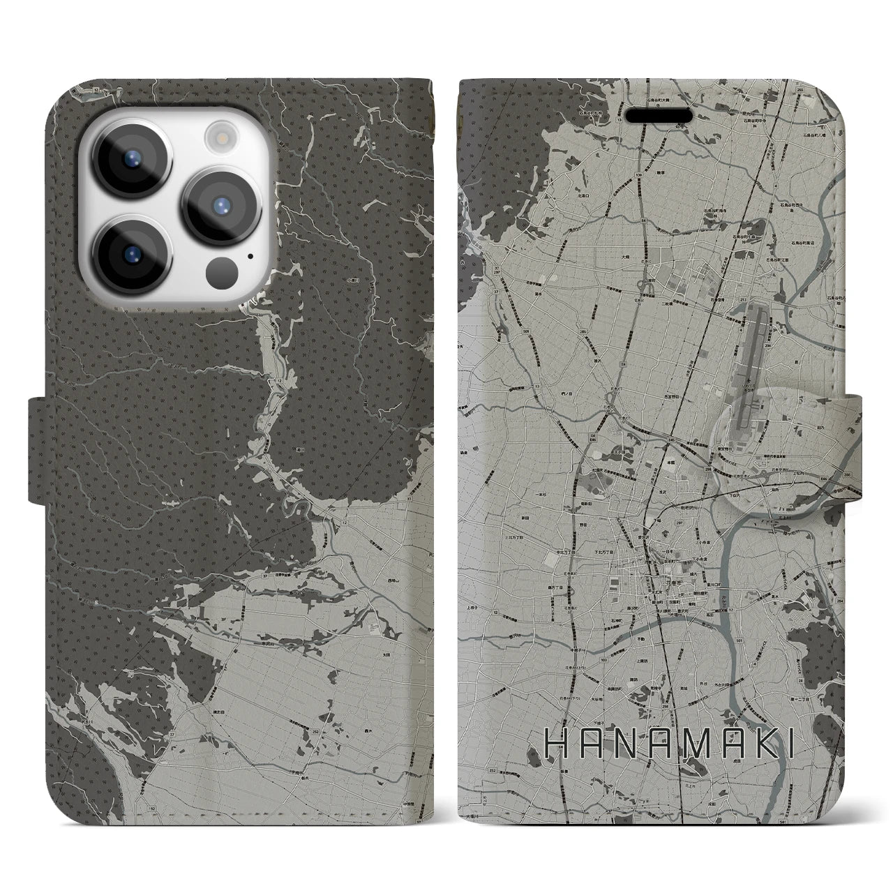 【花巻(岩手県)】地図柄iPhoneケース(手帳タイプ)モノトーン・iPhone 14 Pro 用