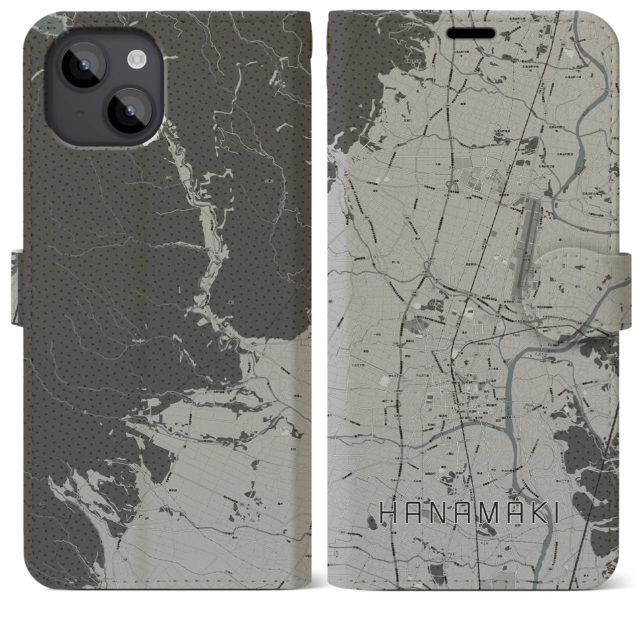 【花巻(岩手県)】地図柄iPhoneケース(手帳タイプ)モノトーン・iPhone 14 Plus 用