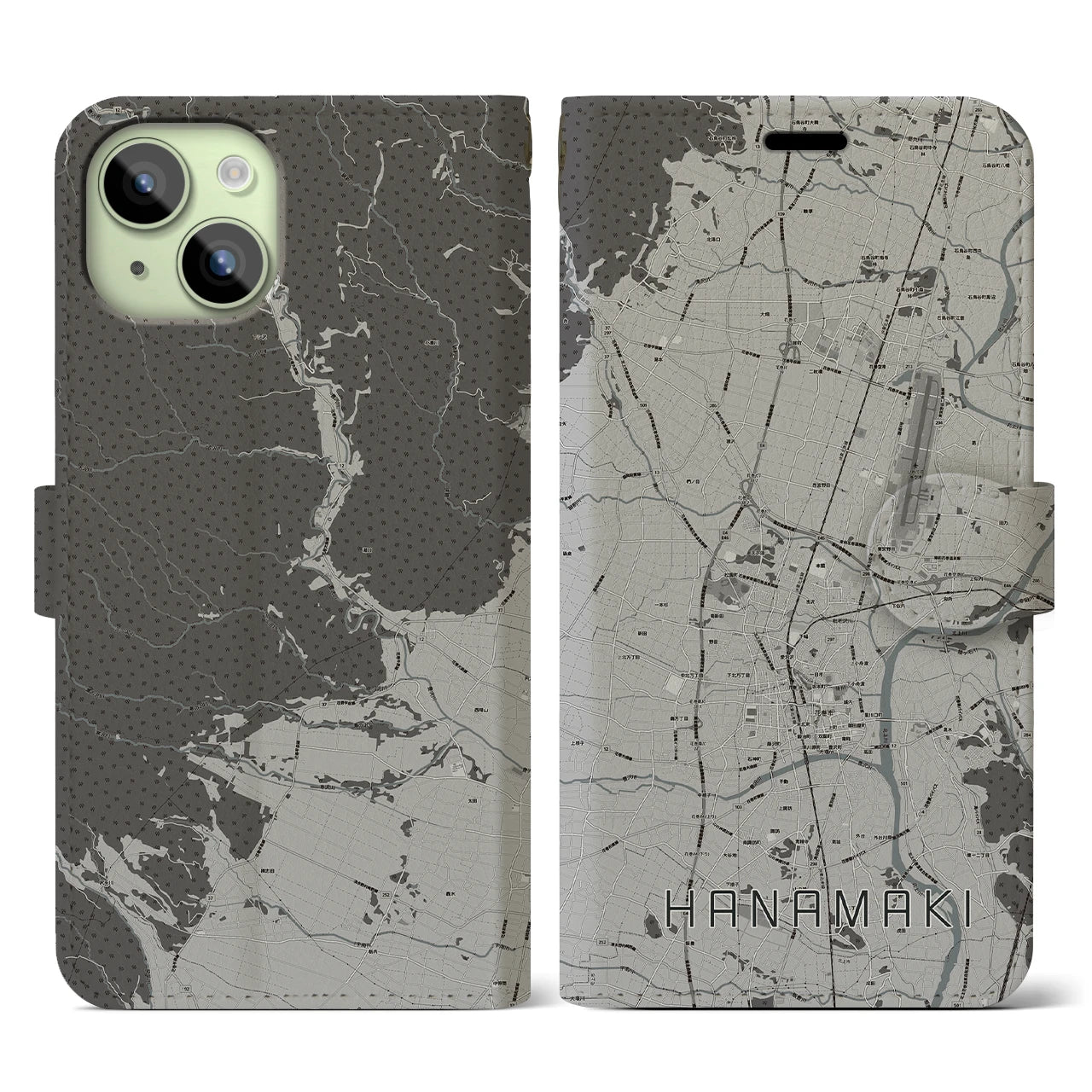 【花巻(岩手県)】地図柄iPhoneケース(手帳タイプ)モノトーン・iPhone 15 用
