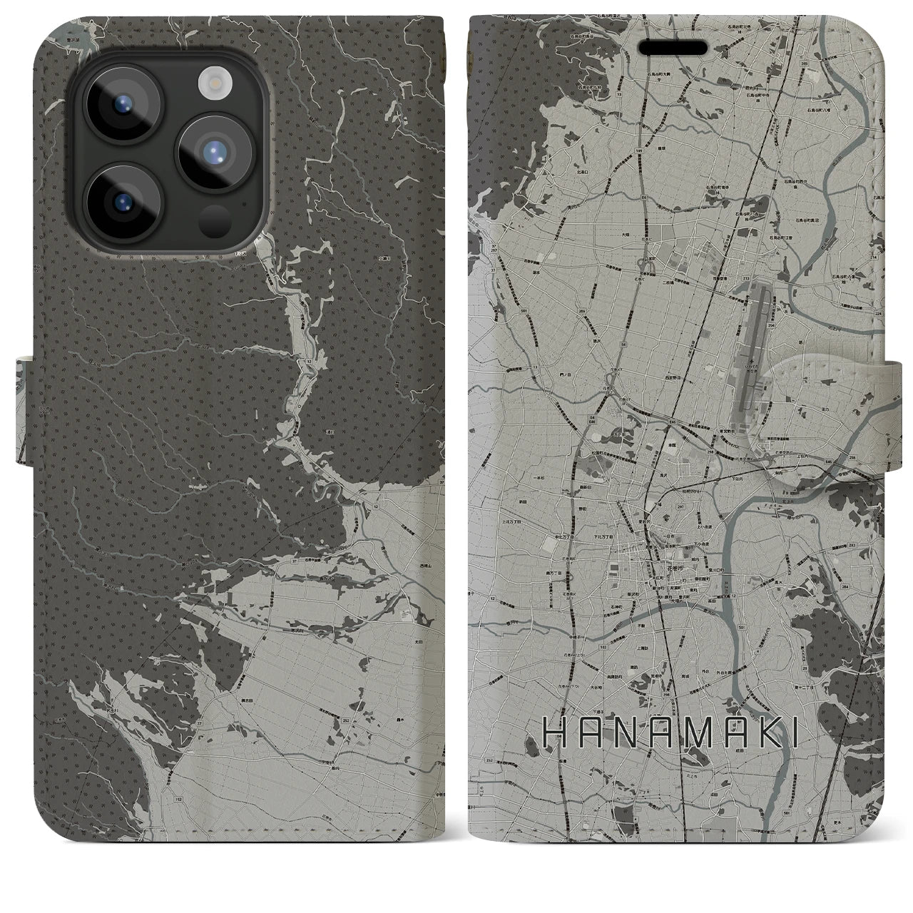 【花巻(岩手県)】地図柄iPhoneケース(手帳タイプ)モノトーン・iPhone 15 Pro Max 用
