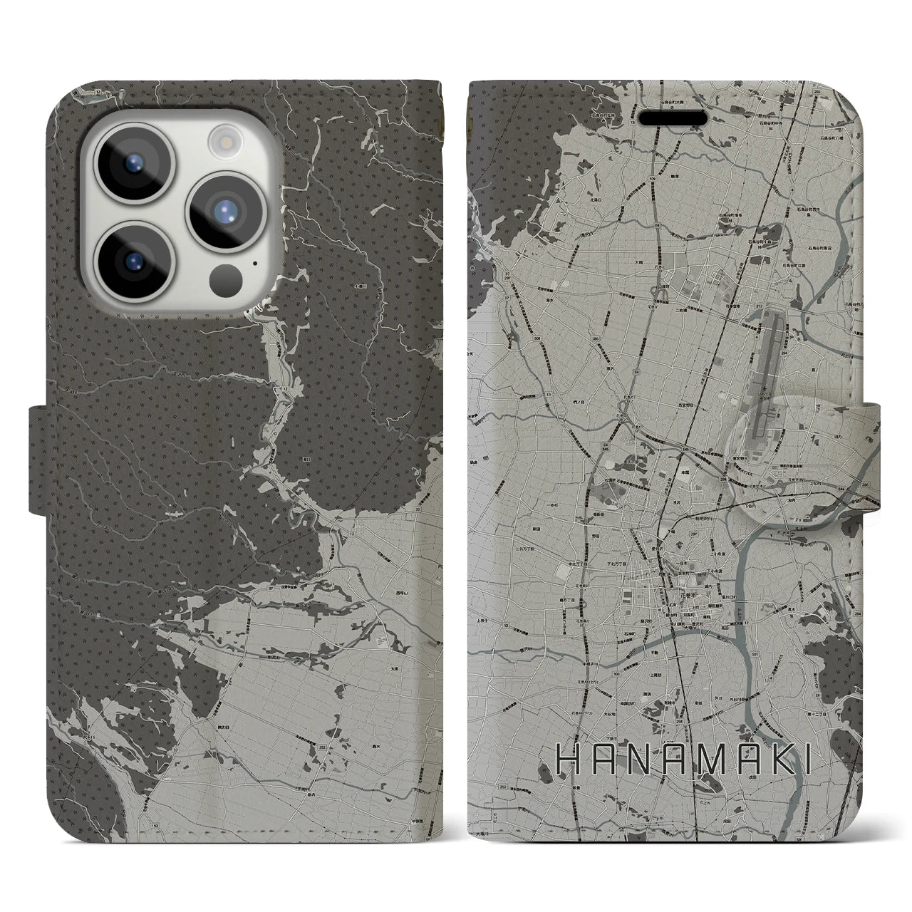 【花巻(岩手県)】地図柄iPhoneケース(手帳タイプ)モノトーン・iPhone 15 Pro 用