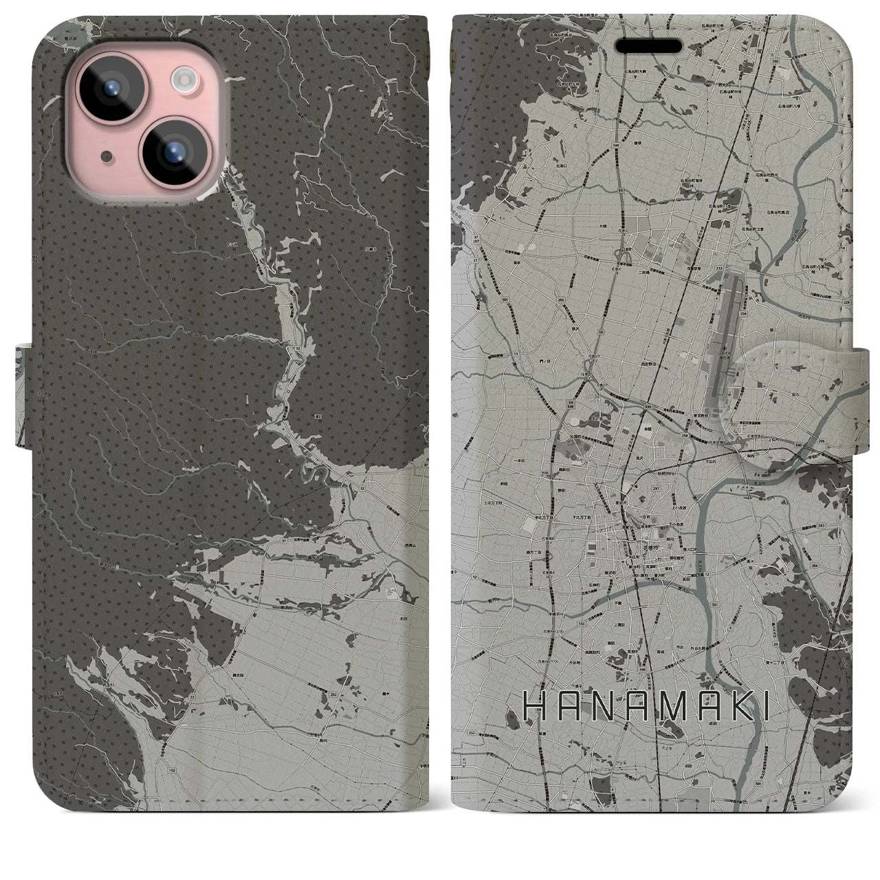【花巻(岩手県)】地図柄iPhoneケース(手帳タイプ)モノトーン・iPhone 15 Plus 用