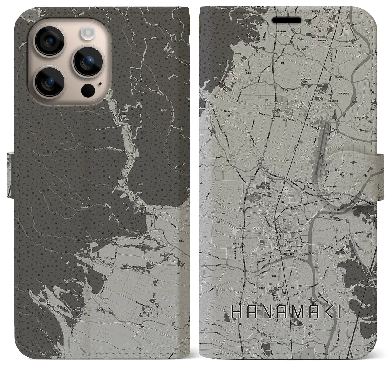 【花巻(岩手県)】地図柄iPhoneケース(手帳タイプ)モノトーン・iPhone 16 Plus 用