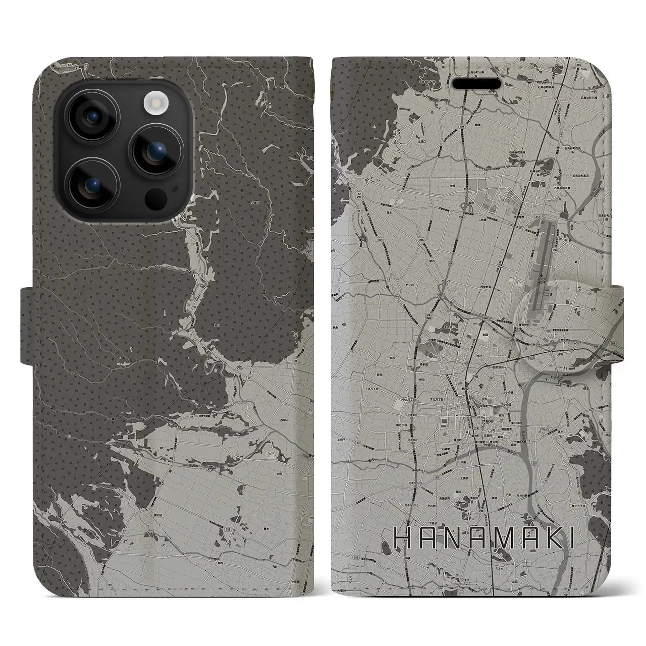 【花巻(岩手県)】地図柄iPhoneケース(手帳タイプ)モノトーン・iPhone 16 用