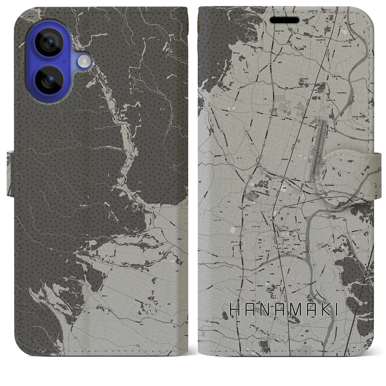 【花巻(岩手県)】地図柄iPhoneケース(手帳タイプ)モノトーン・iPhone 16 Pro Max 用