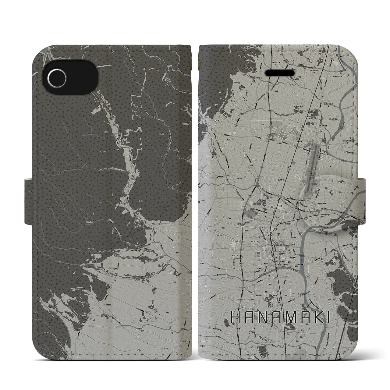【花巻(岩手県)】地図柄iPhoneケース(手帳タイプ)モノトーン・iPhone SE(第3 / 第2世代) / 8 / 7 / 6s / 6 用