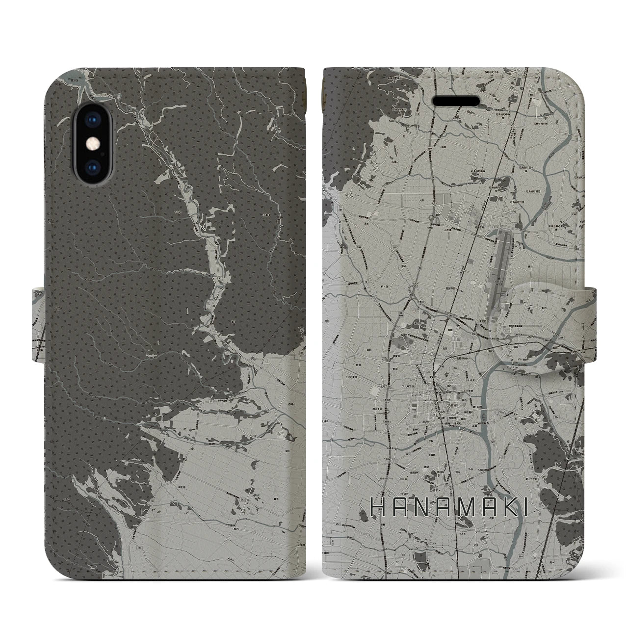 【花巻(岩手県)】地図柄iPhoneケース(手帳タイプ)モノトーン・iPhone XS / X 用
