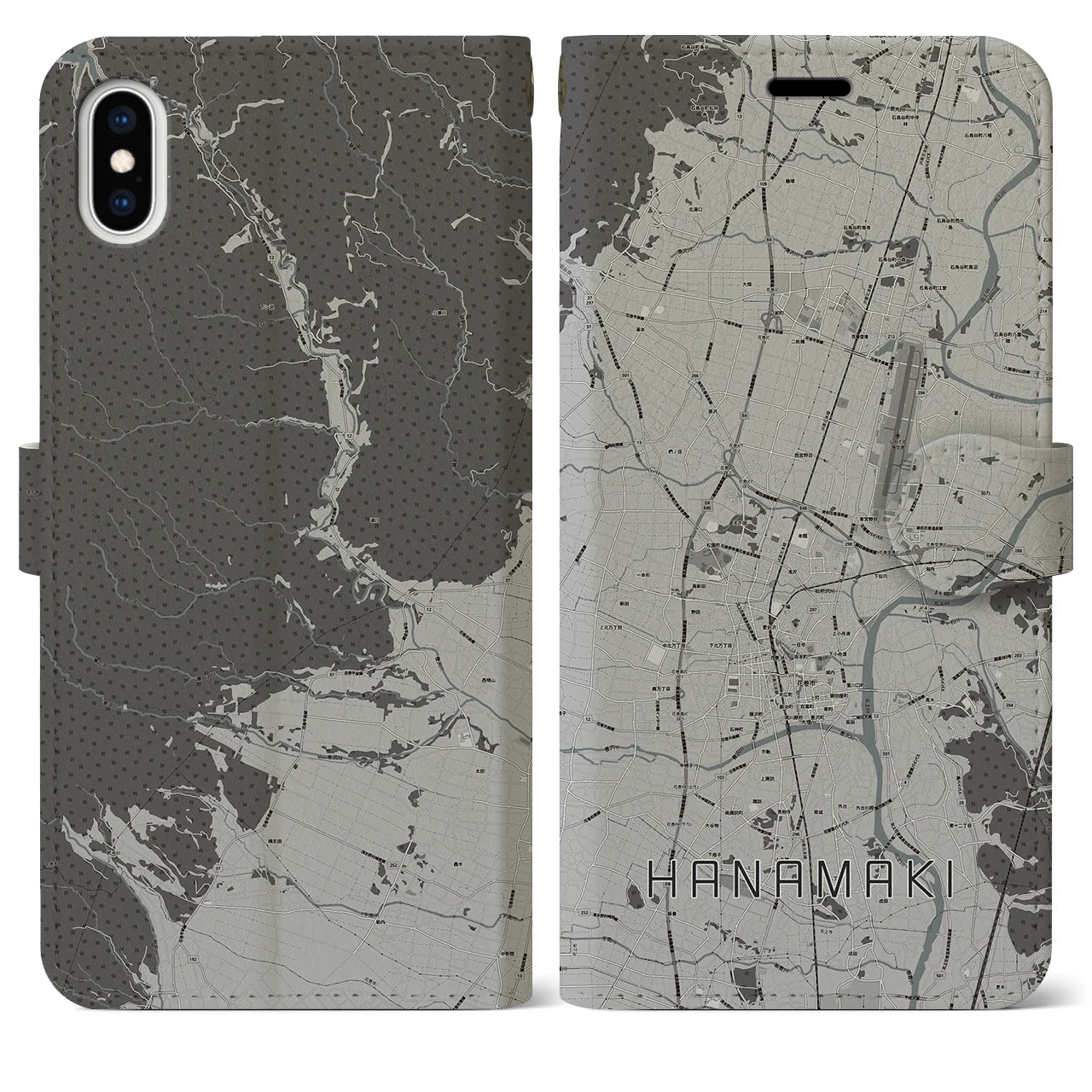 【花巻(岩手県)】地図柄iPhoneケース(手帳タイプ)モノトーン・iPhone XS Max 用