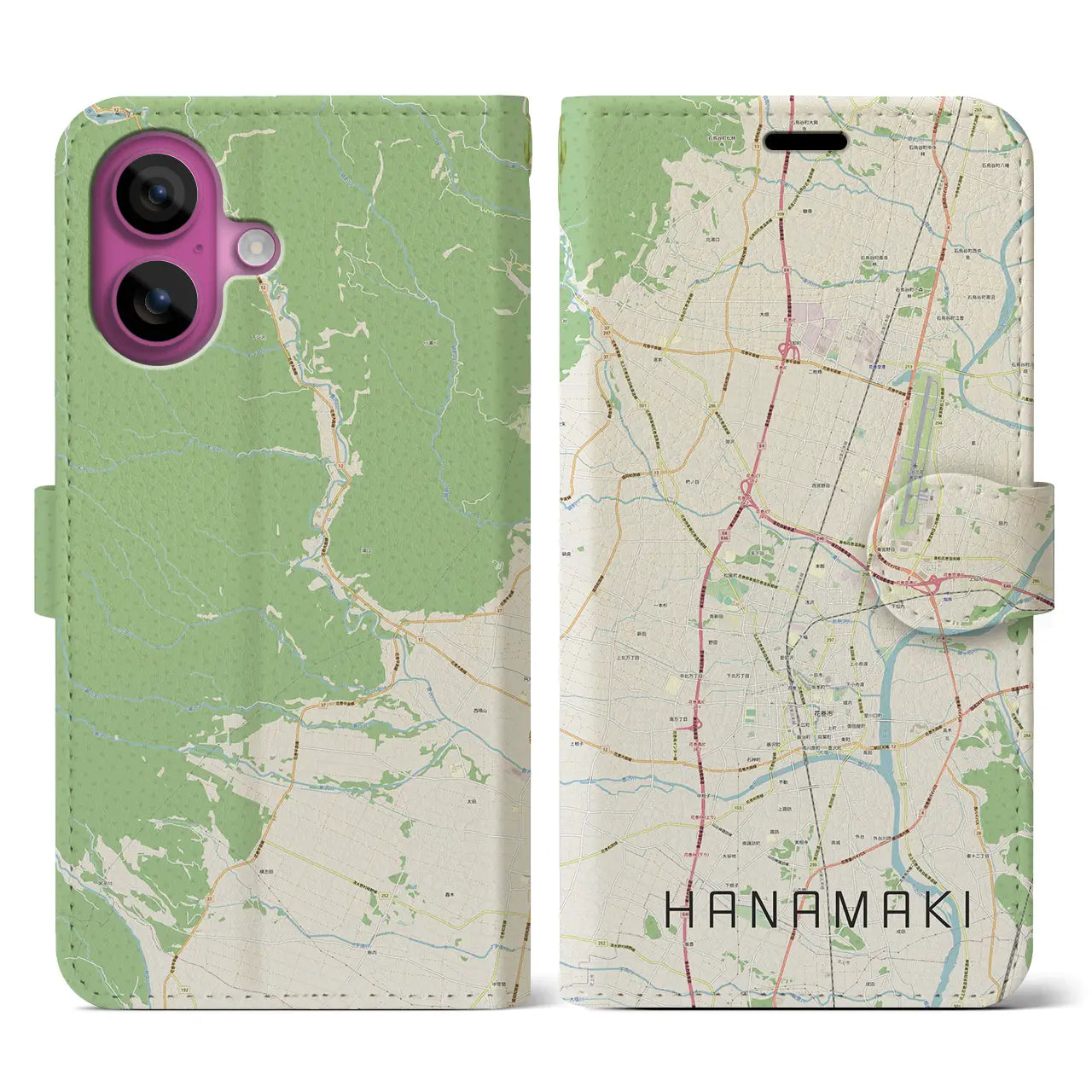 【花巻(岩手県)】地図柄iPhoneケース(手帳タイプ)ナチュラル・iPhone 16 Pro 用