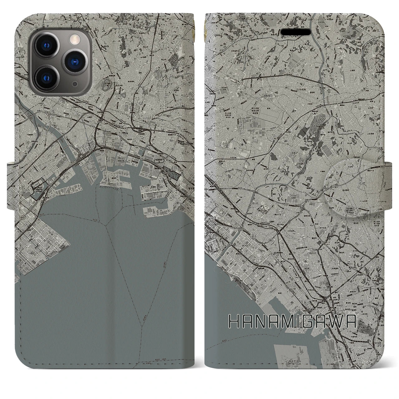 【花見川(千葉県)】地図柄iPhoneケース(手帳タイプ)モノトーン・iPhone 11 Pro Max 用