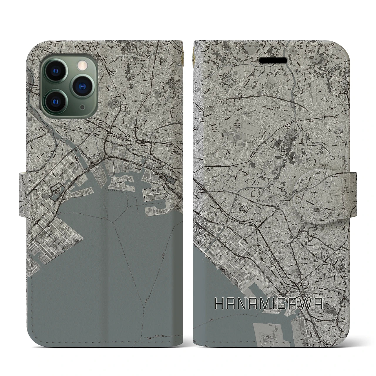 【花見川(千葉県)】地図柄iPhoneケース(手帳タイプ)モノトーン・iPhone 11 Pro 用