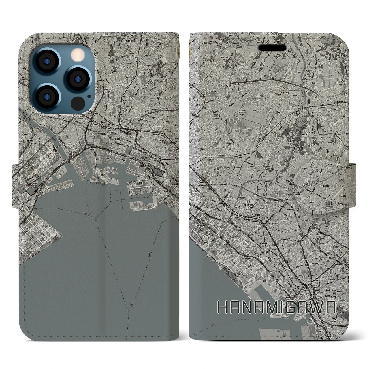 【花見川(千葉県)】地図柄iPhoneケース(手帳タイプ)モノトーン・iPhone 12 / 12 Pro 用
