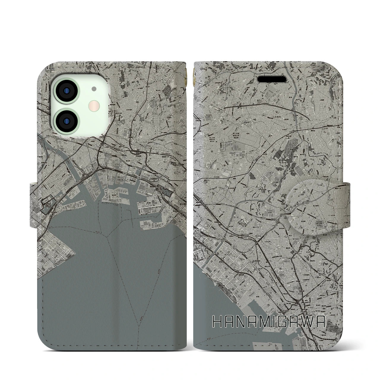 【花見川(千葉県)】地図柄iPhoneケース(手帳タイプ)モノトーン・iPhone 12 mini 用