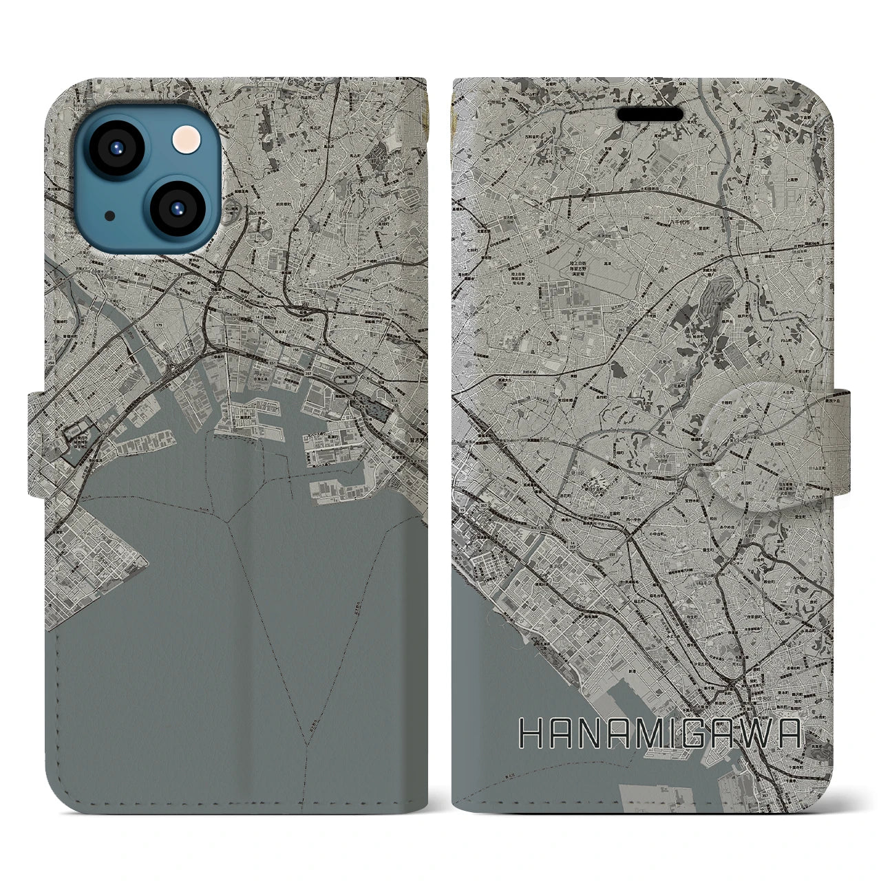 【花見川(千葉県)】地図柄iPhoneケース(手帳タイプ)モノトーン・iPhone 13 用