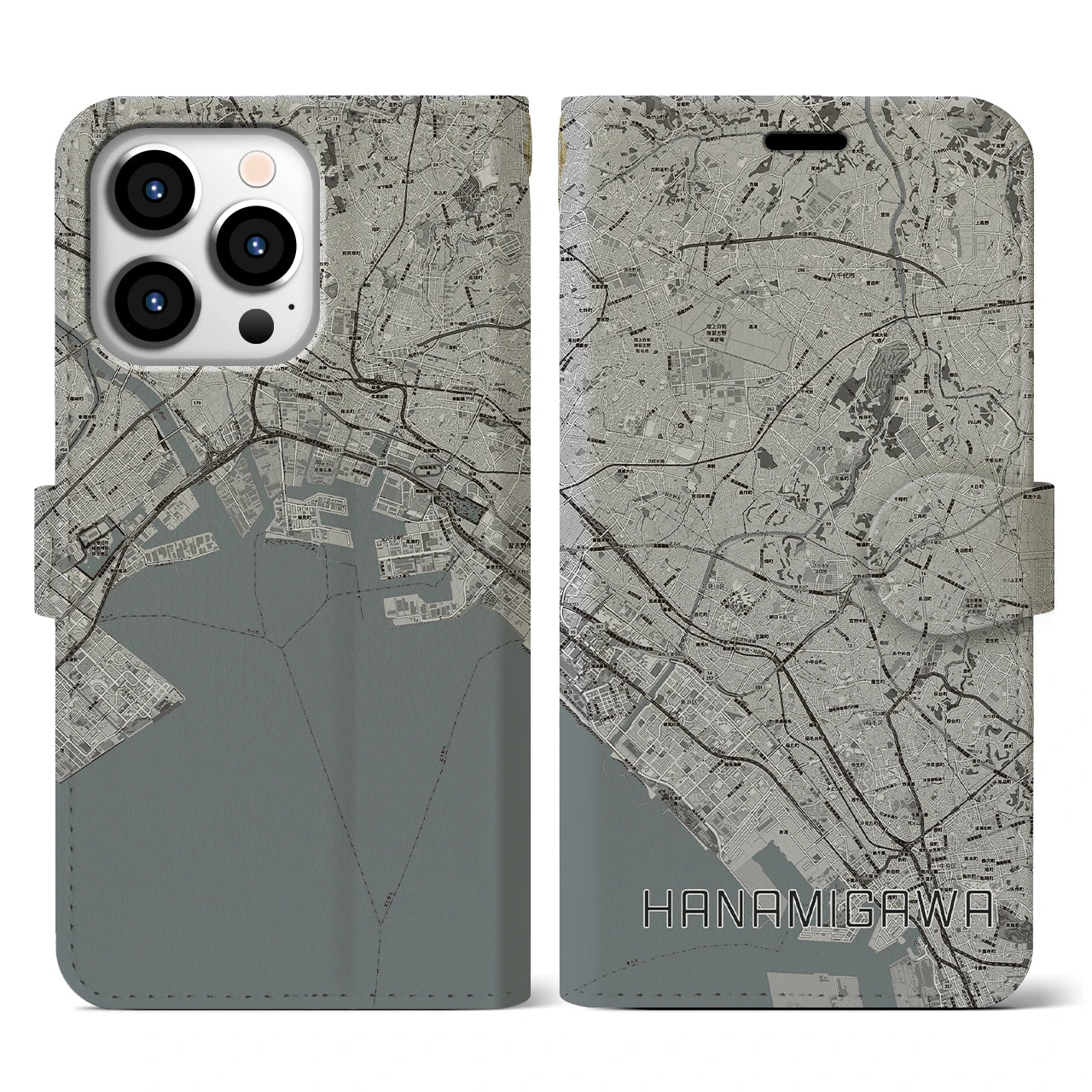 【花見川(千葉県)】地図柄iPhoneケース(手帳タイプ)モノトーン・iPhone 13 Pro 用