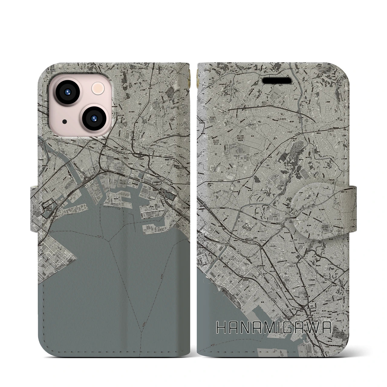【花見川(千葉県)】地図柄iPhoneケース(手帳タイプ)モノトーン・iPhone 13 mini 用