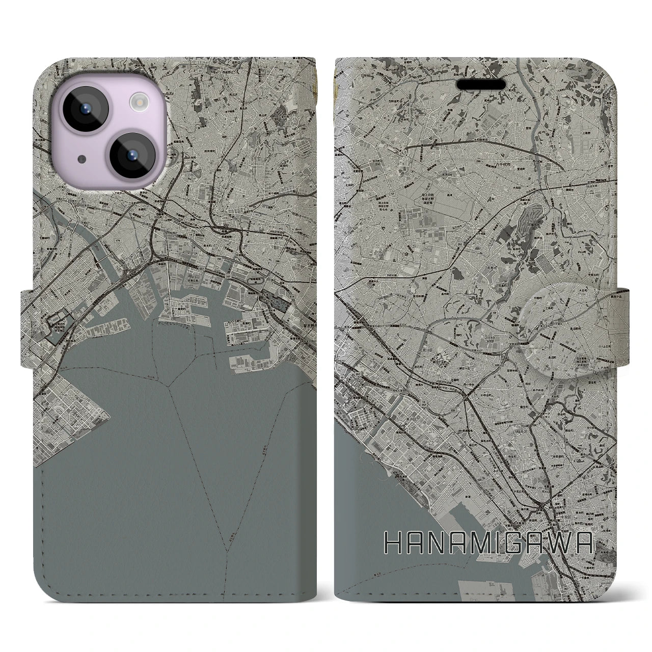 【花見川(千葉県)】地図柄iPhoneケース(手帳タイプ)モノトーン・iPhone 14 用