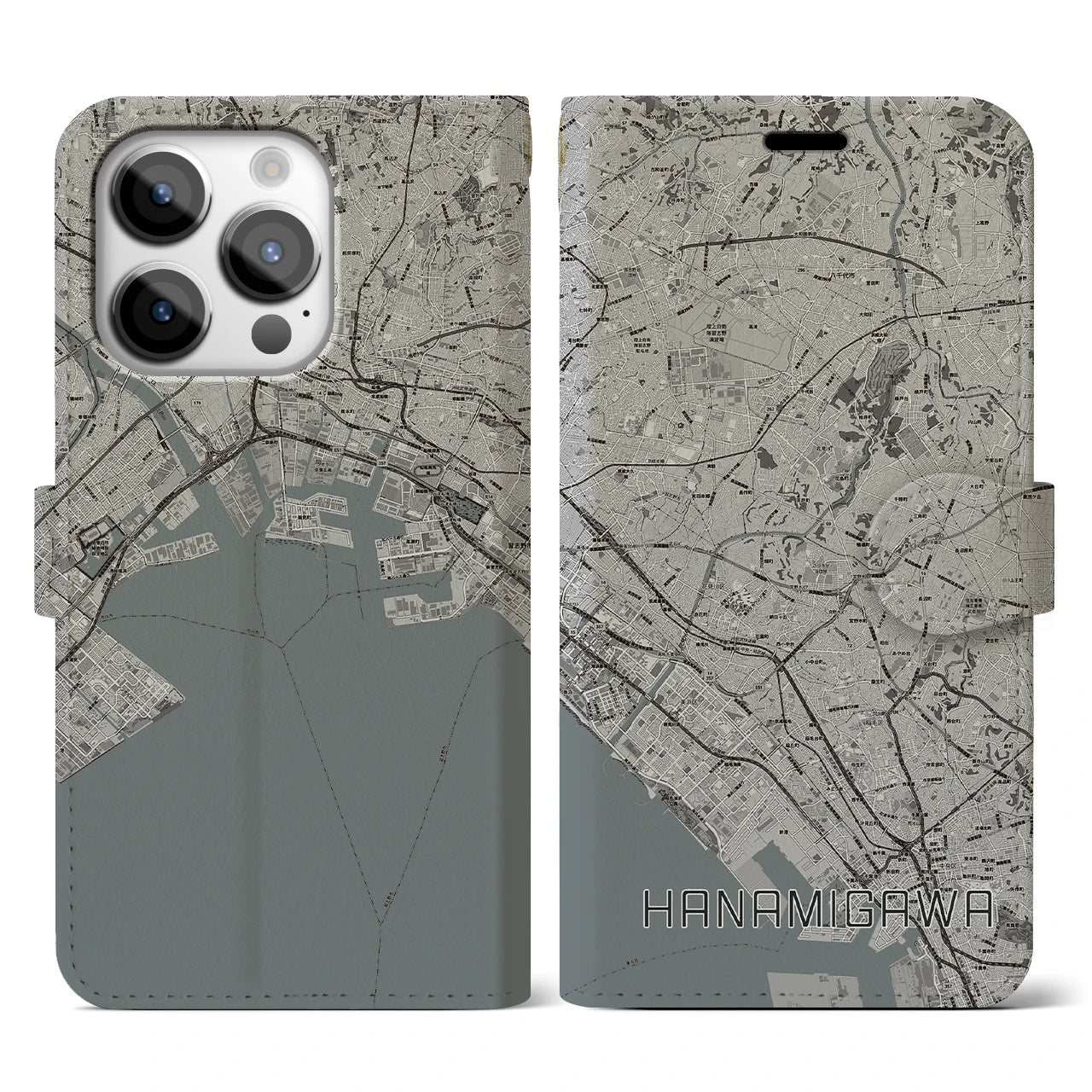 【花見川(千葉県)】地図柄iPhoneケース(手帳タイプ)モノトーン・iPhone 14 Pro 用