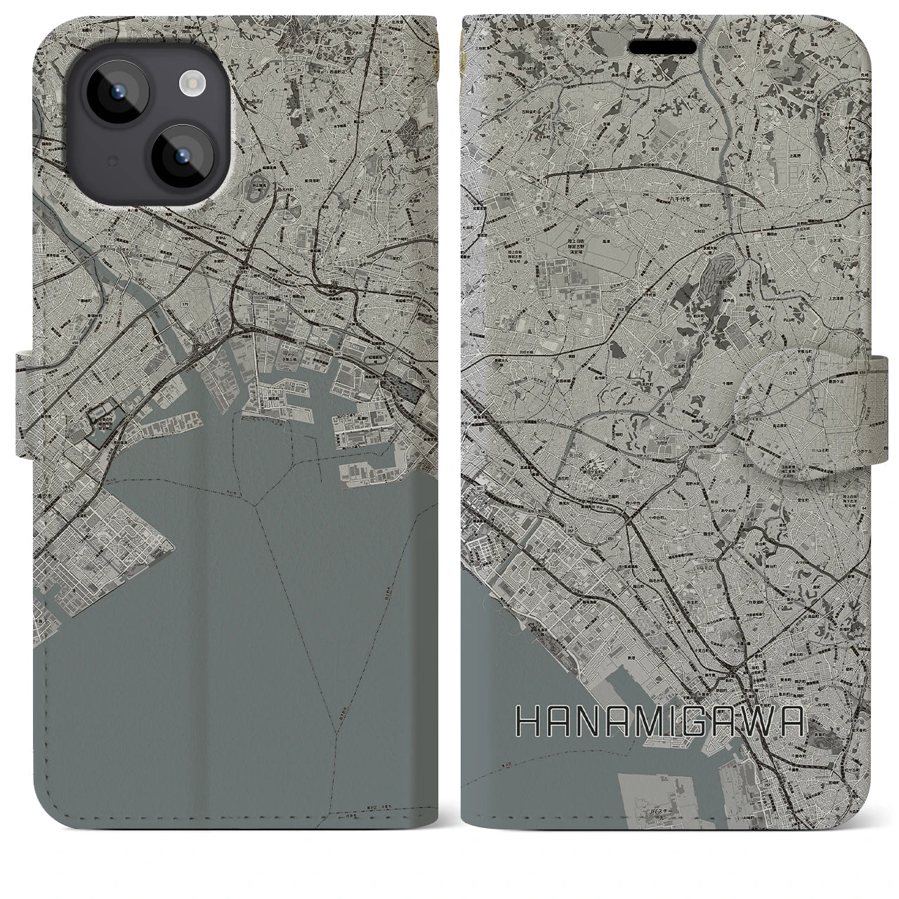 【花見川(千葉県)】地図柄iPhoneケース(手帳タイプ)モノトーン・iPhone 14 Plus 用