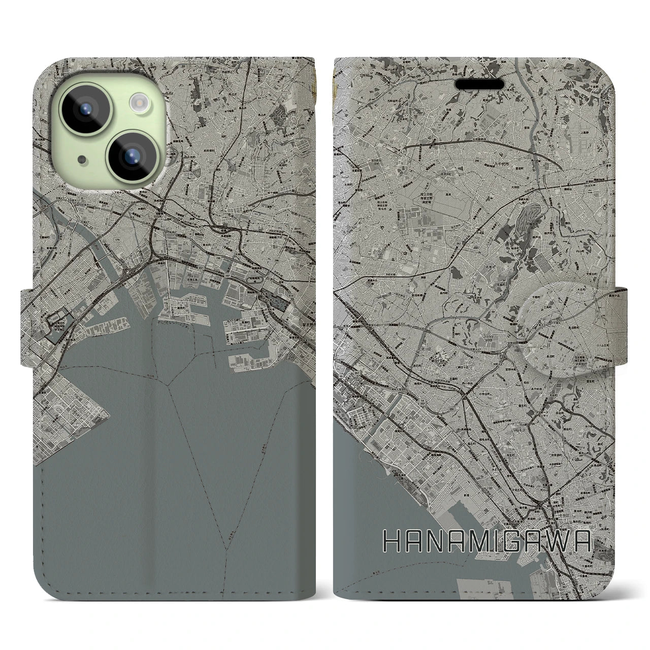 【花見川(千葉県)】地図柄iPhoneケース(手帳タイプ)モノトーン・iPhone 15 用