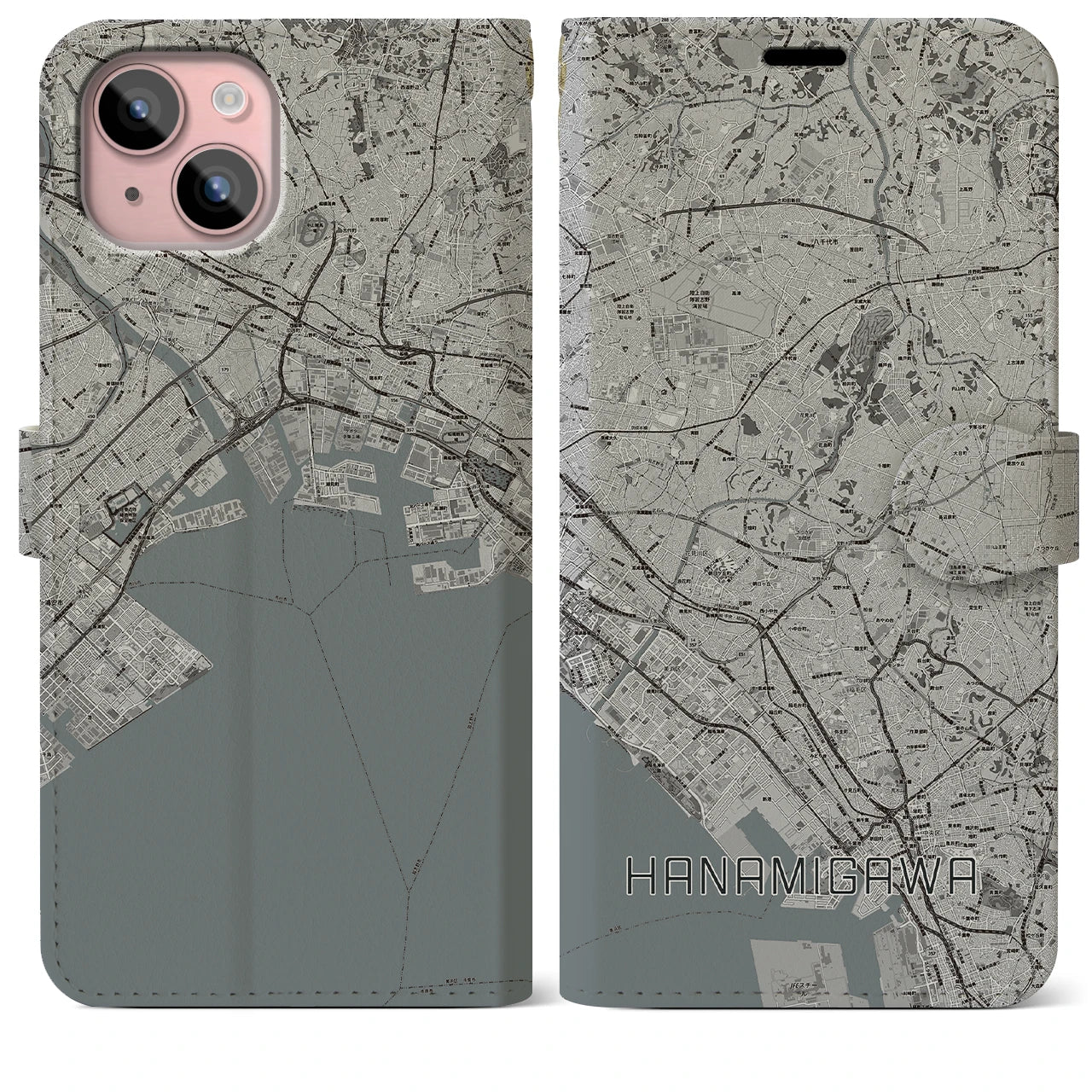 【花見川(千葉県)】地図柄iPhoneケース(手帳タイプ)モノトーン・iPhone 15 Plus 用