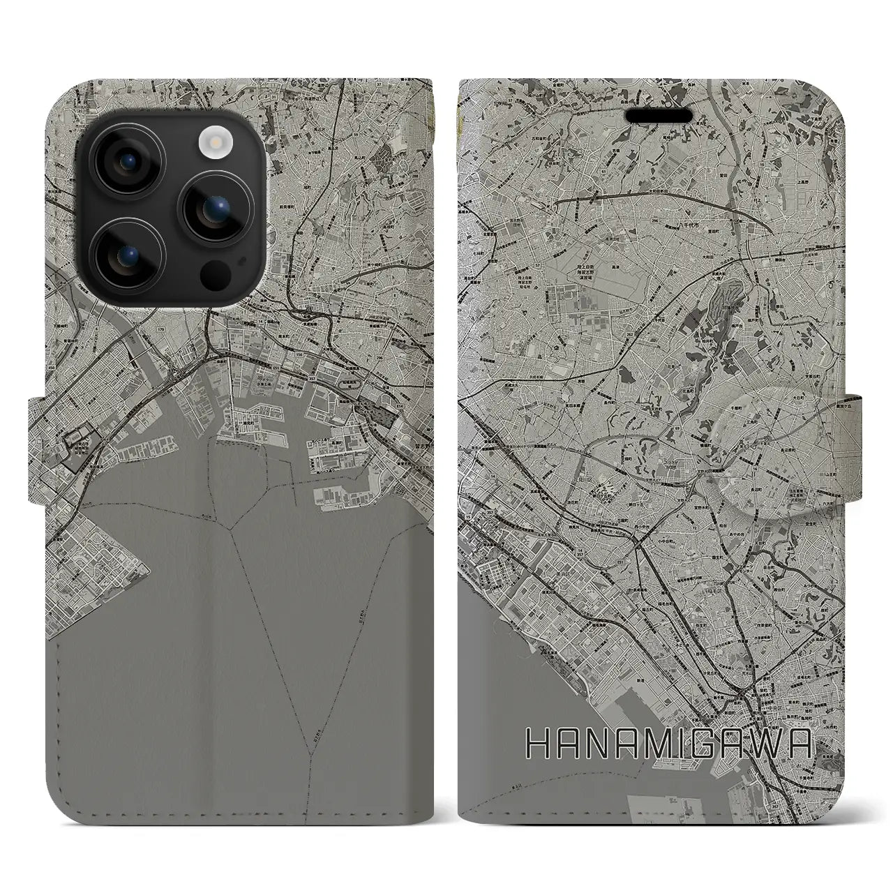 【花見川(千葉県)】地図柄iPhoneケース(手帳タイプ)モノトーン・iPhone 16 用
