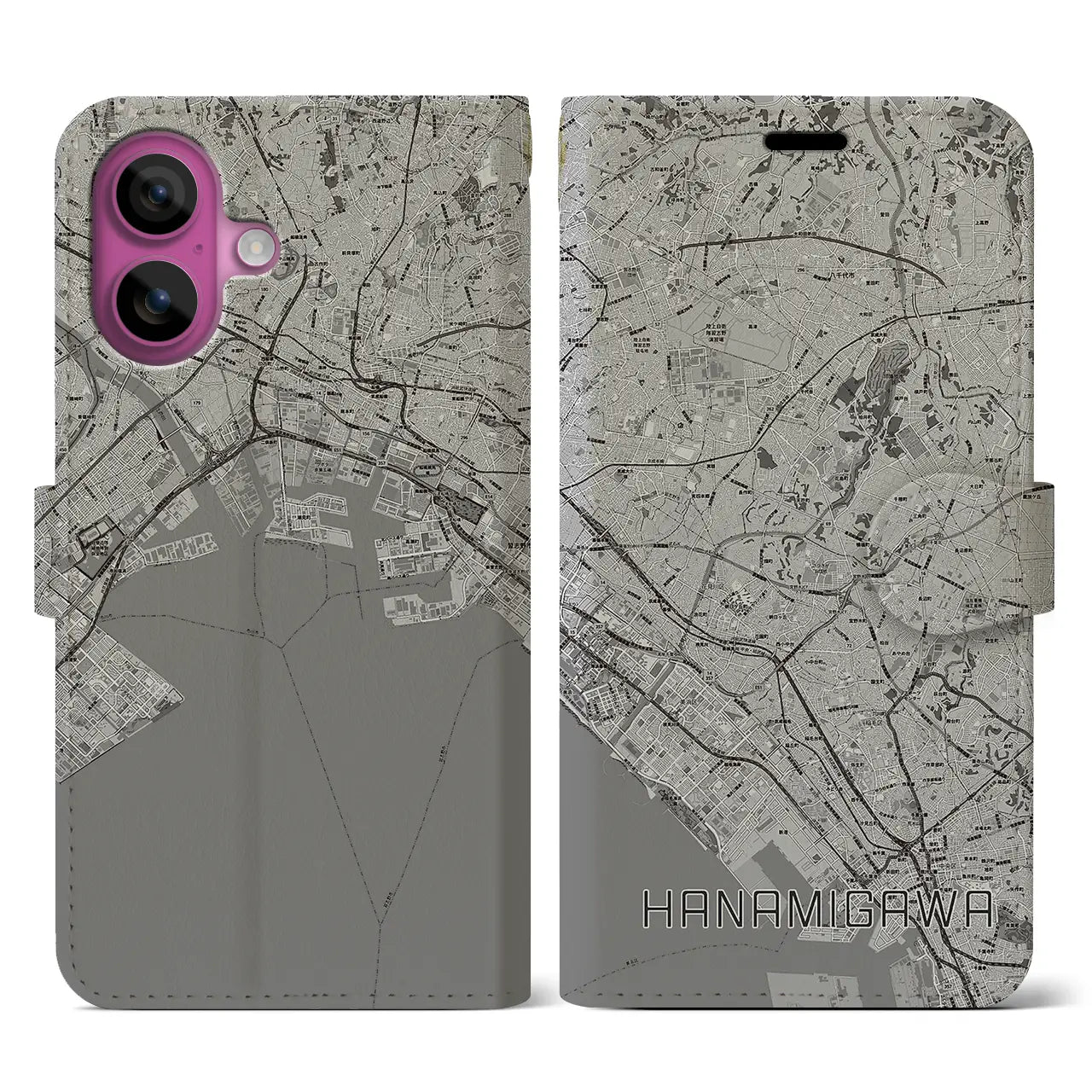 【花見川(千葉県)】地図柄iPhoneケース(手帳タイプ)モノトーン・iPhone 16 Pro 用