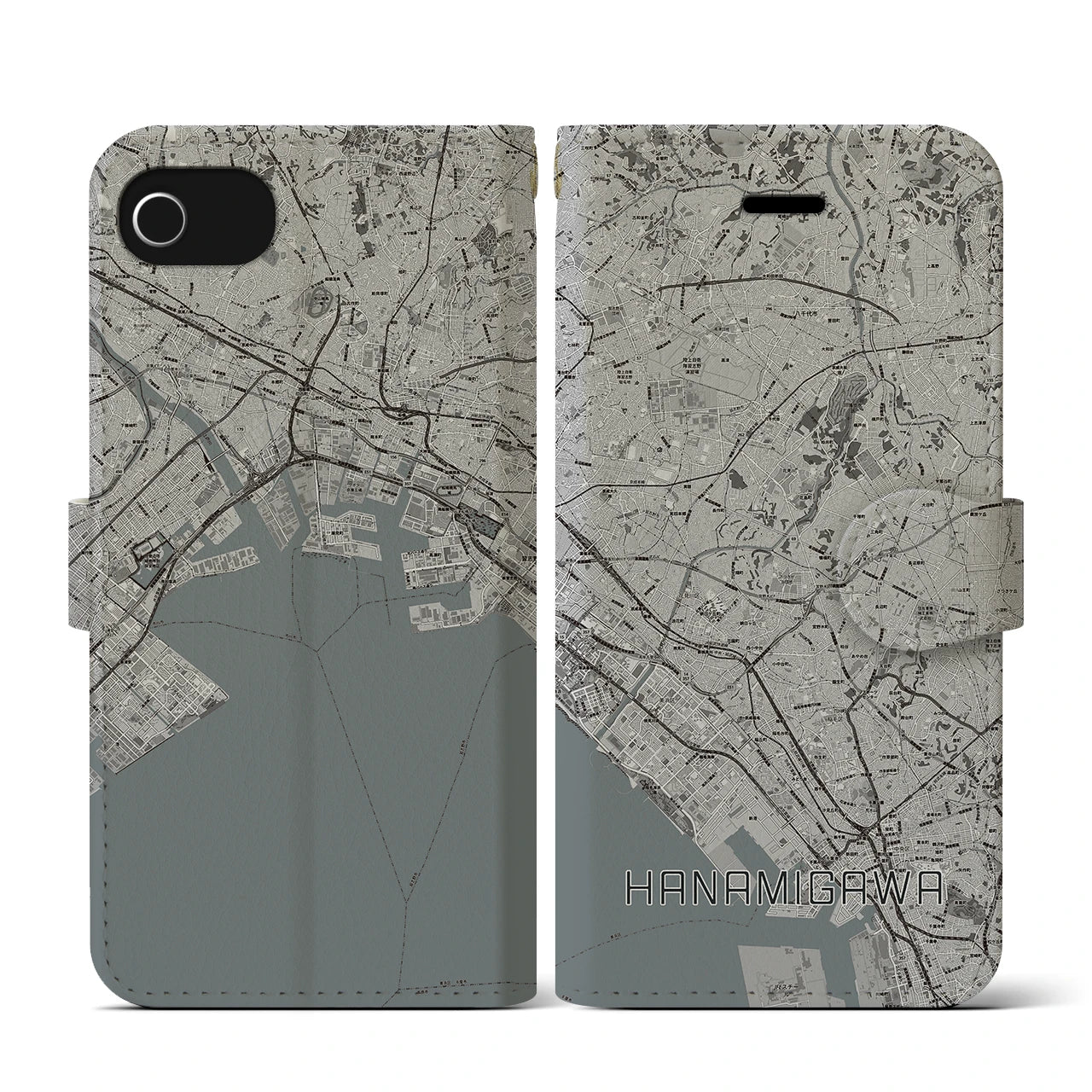 【花見川(千葉県)】地図柄iPhoneケース(手帳タイプ)モノトーン・iPhone SE(第3 / 第2世代) / 8 / 7 / 6s / 6 用