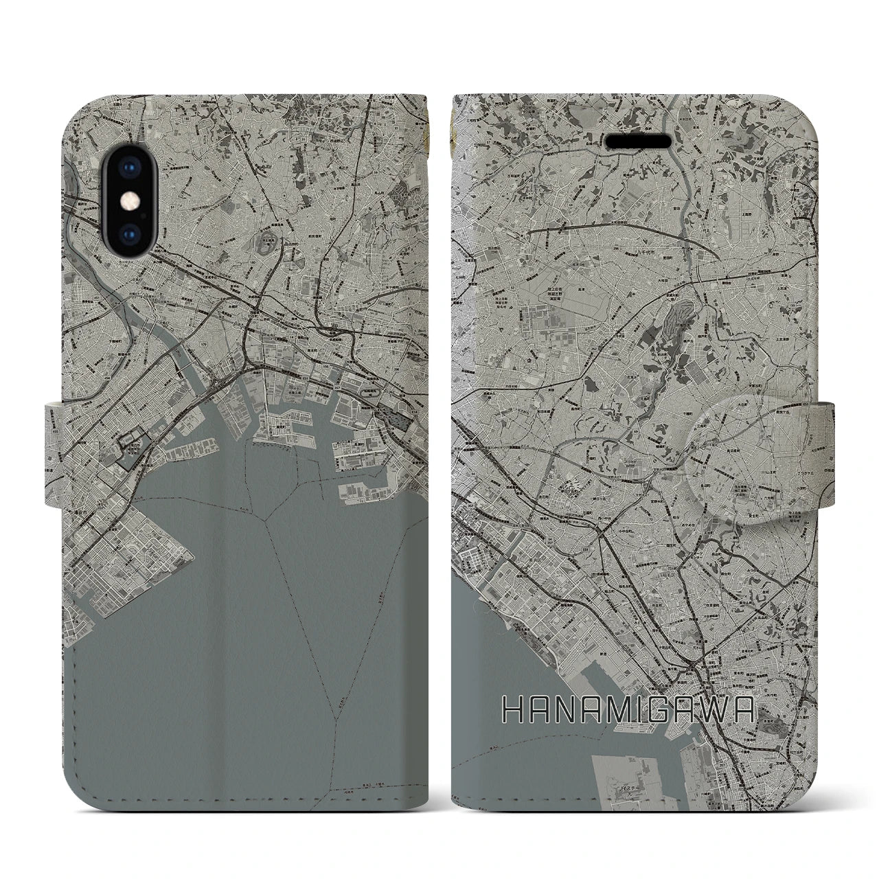【花見川(千葉県)】地図柄iPhoneケース(手帳タイプ)モノトーン・iPhone XS / X 用