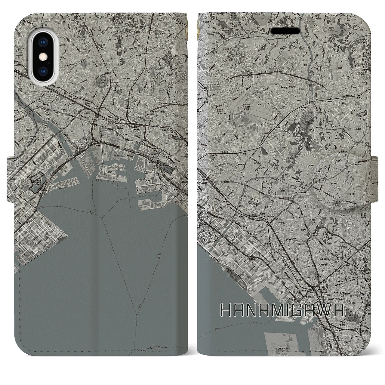 【花見川(千葉県)】地図柄iPhoneケース(手帳タイプ)モノトーン・iPhone XS Max 用