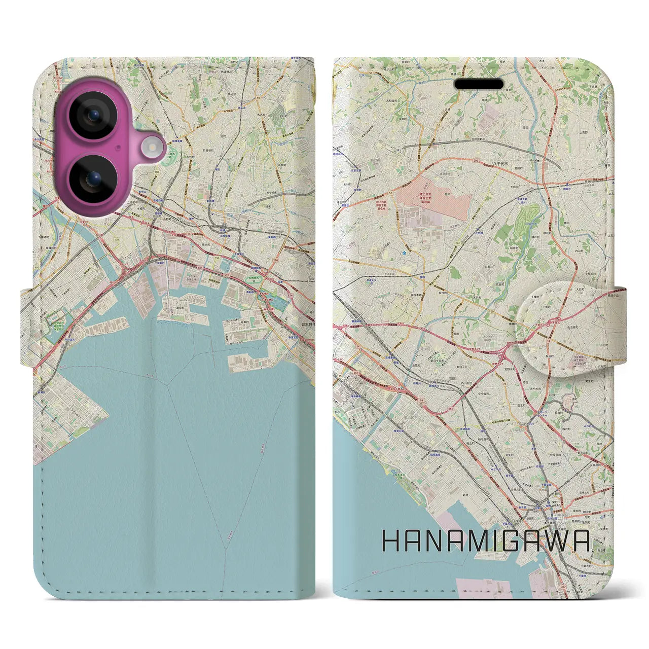 【花見川(千葉県)】地図柄iPhoneケース(手帳タイプ)ナチュラル・iPhone 16 Pro 用