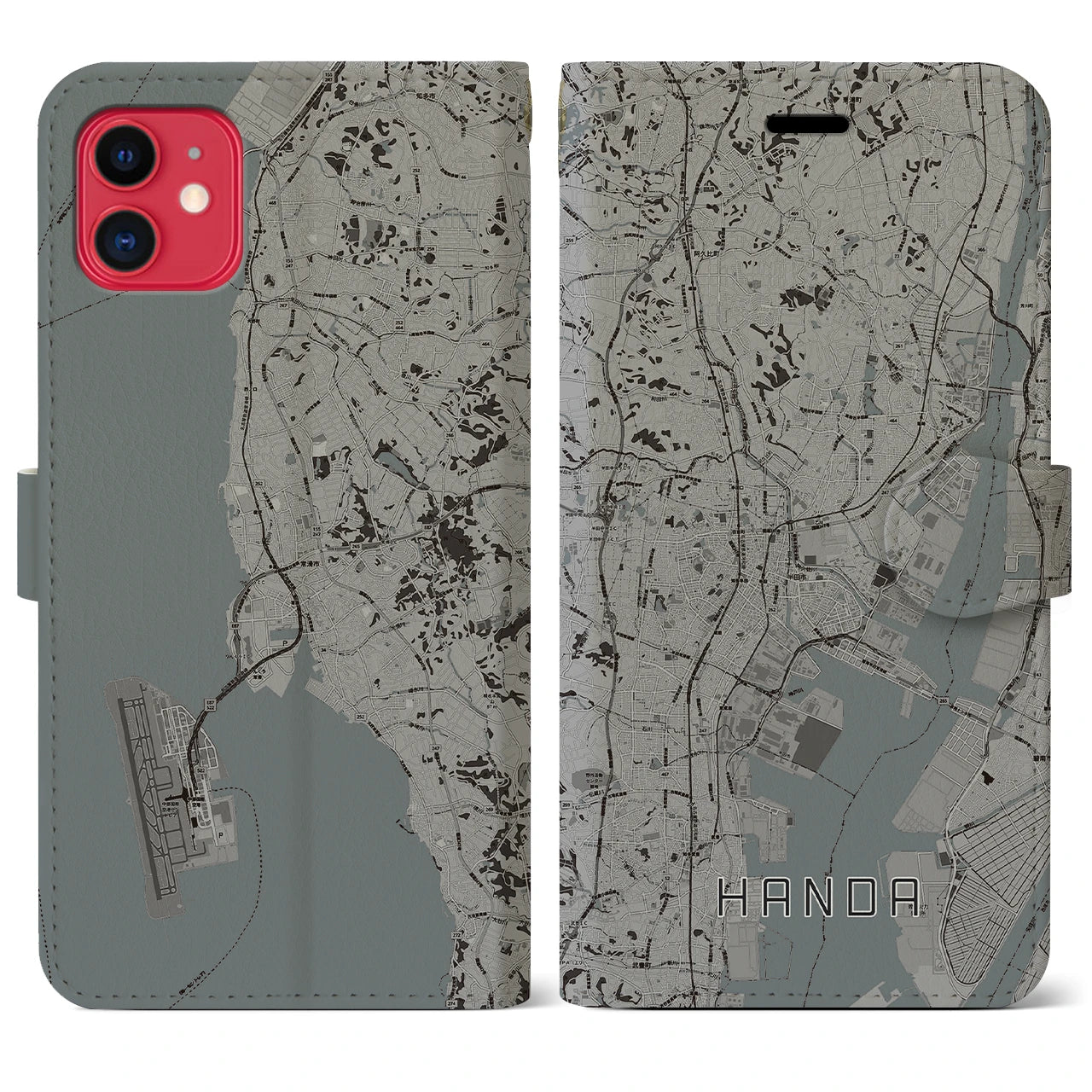 【半田(愛知県)】地図柄iPhoneケース(手帳タイプ)モノトーン・iPhone 11 用