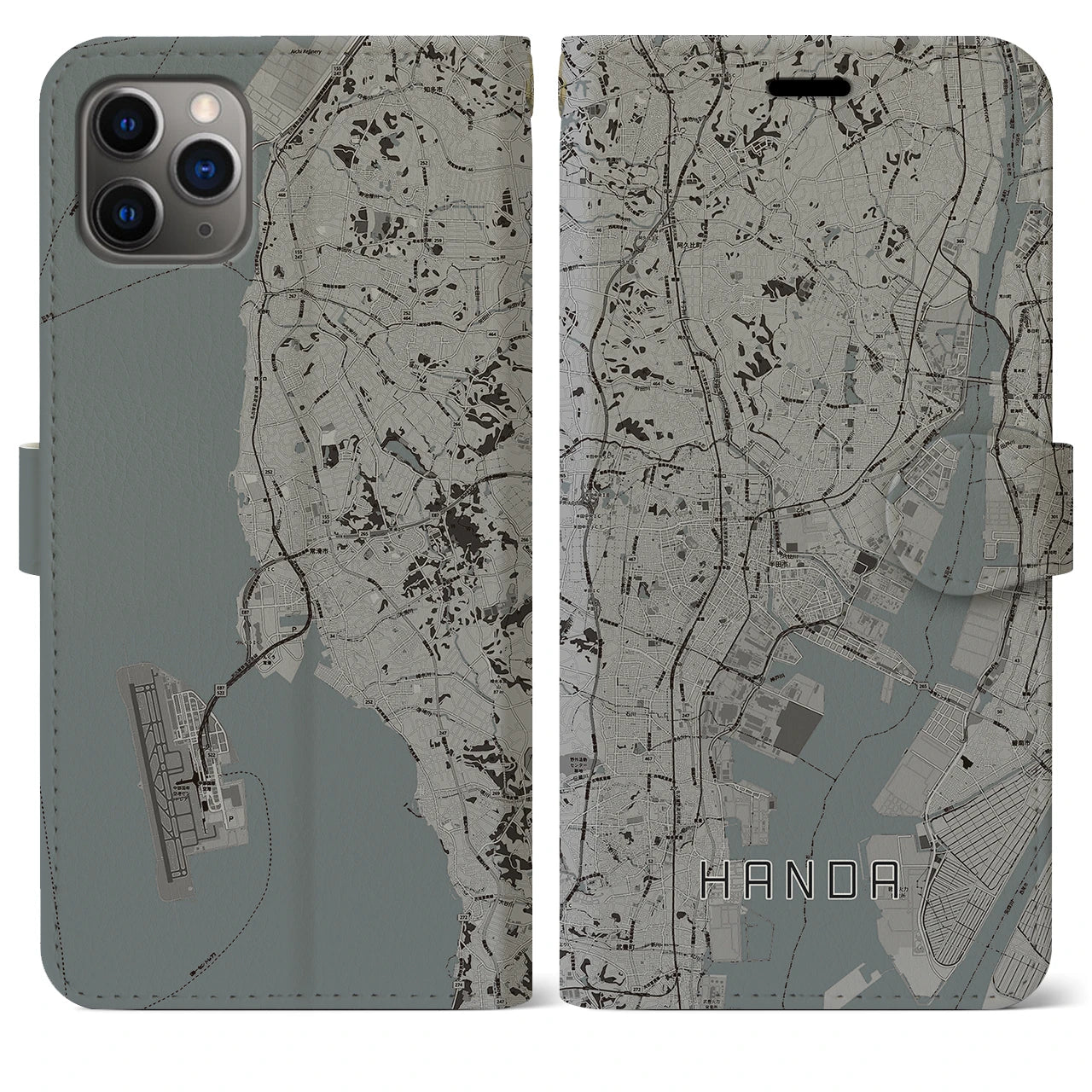 【半田(愛知県)】地図柄iPhoneケース(手帳タイプ)モノトーン・iPhone 11 Pro Max 用