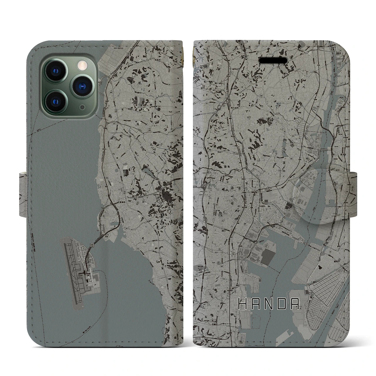 【半田(愛知県)】地図柄iPhoneケース(手帳タイプ)モノトーン・iPhone 11 Pro 用