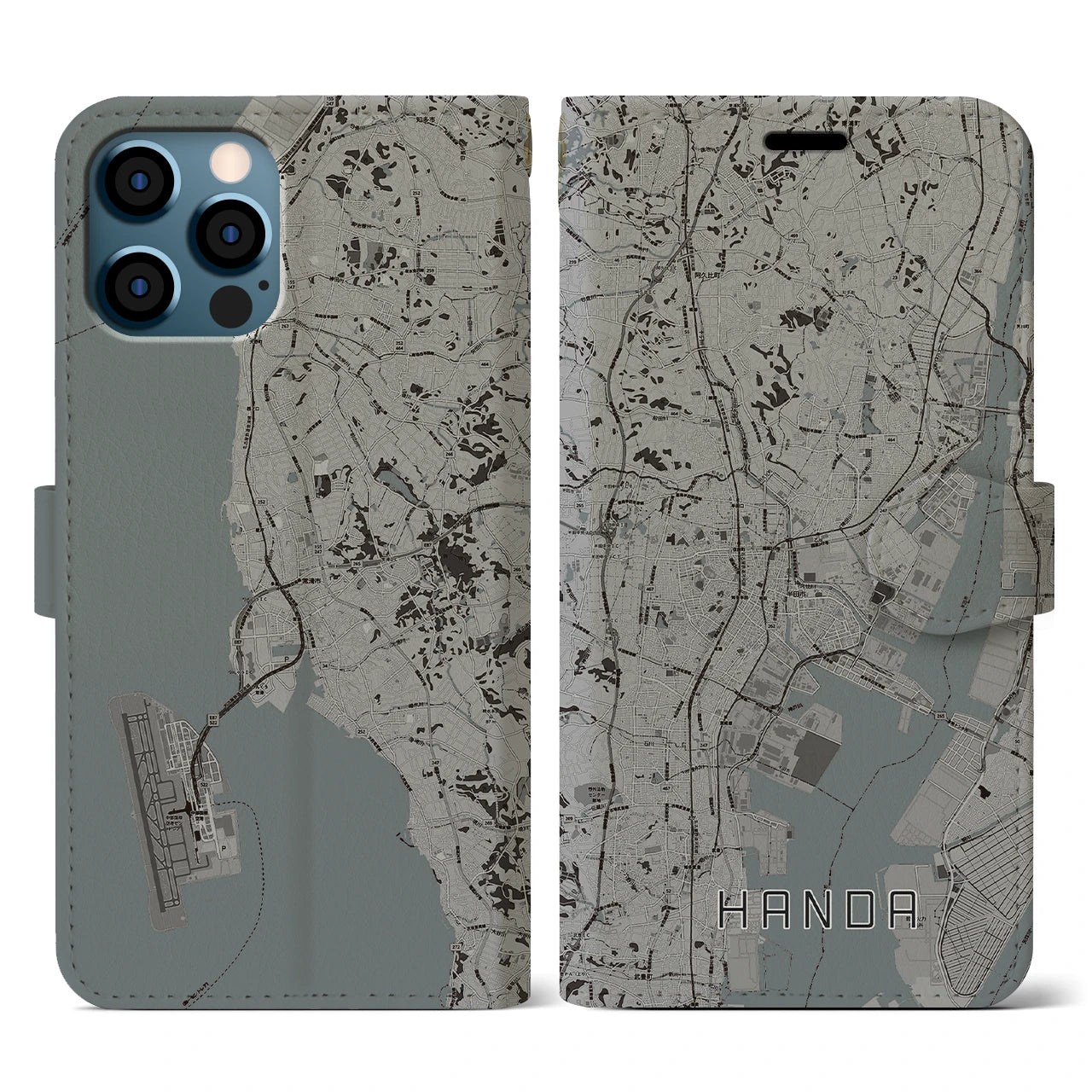 【半田(愛知県)】地図柄iPhoneケース(手帳タイプ)モノトーン・iPhone 12 / 12 Pro 用