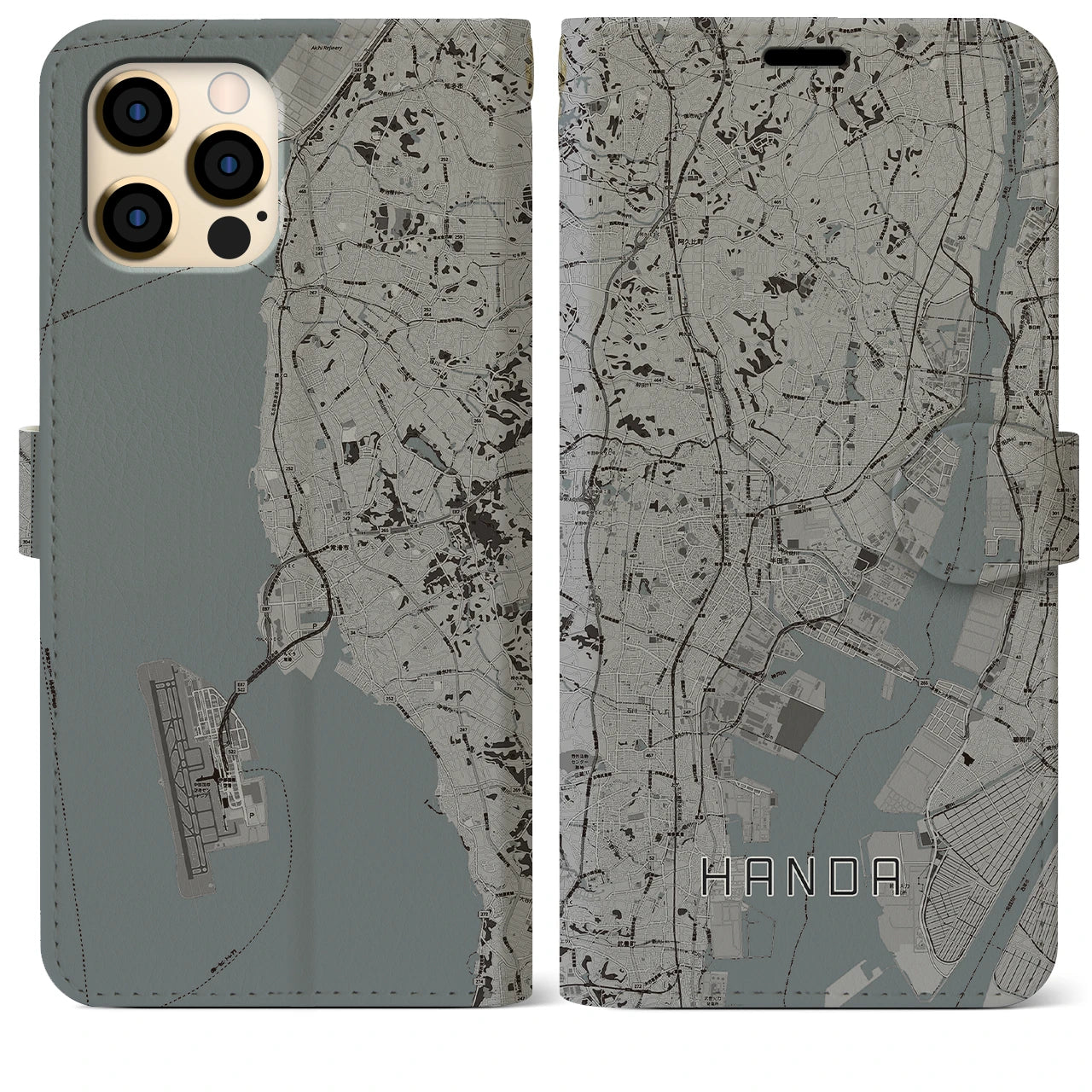 【半田(愛知県)】地図柄iPhoneケース(手帳タイプ)モノトーン・iPhone 12 Pro Max 用