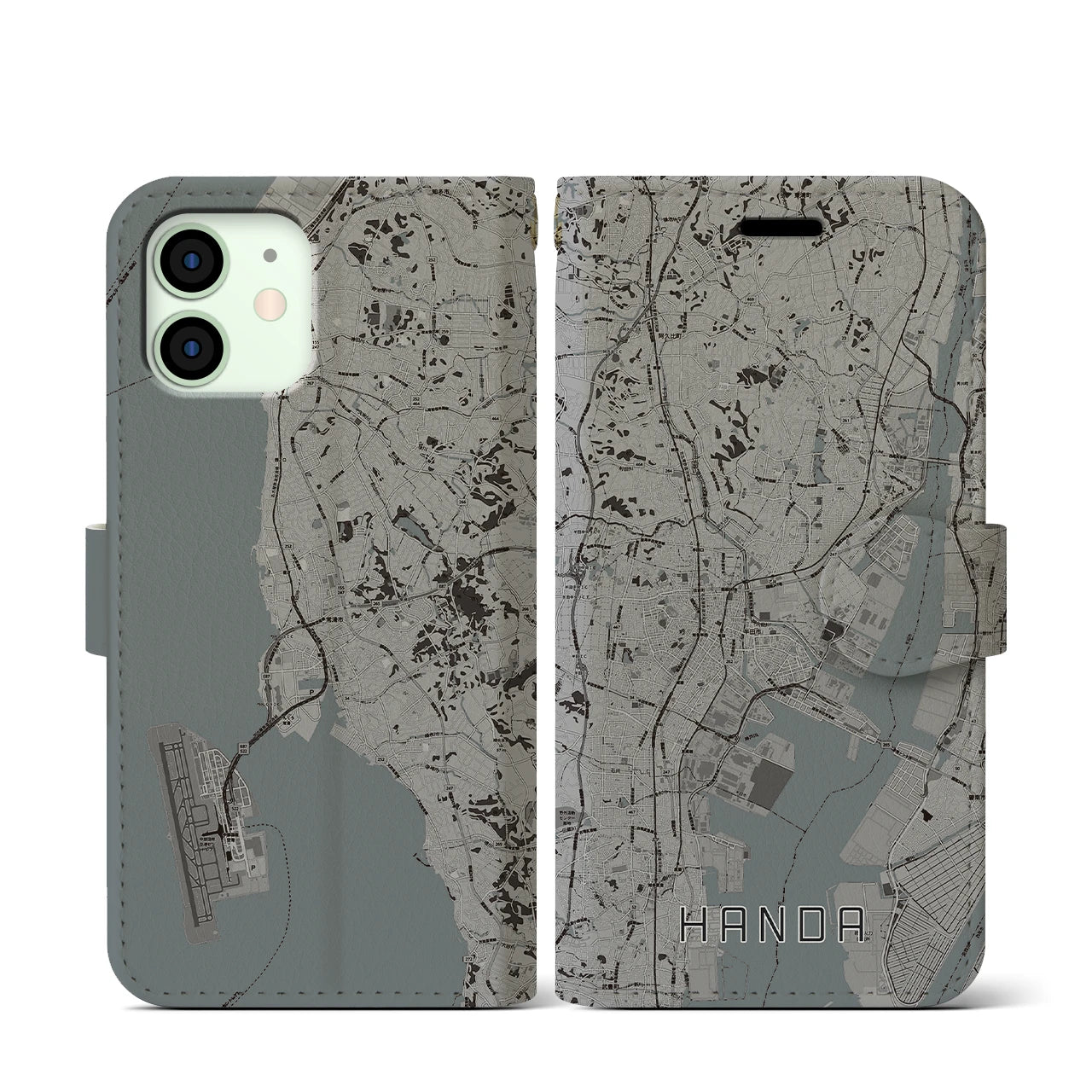 【半田(愛知県)】地図柄iPhoneケース(手帳タイプ)モノトーン・iPhone 12 mini 用