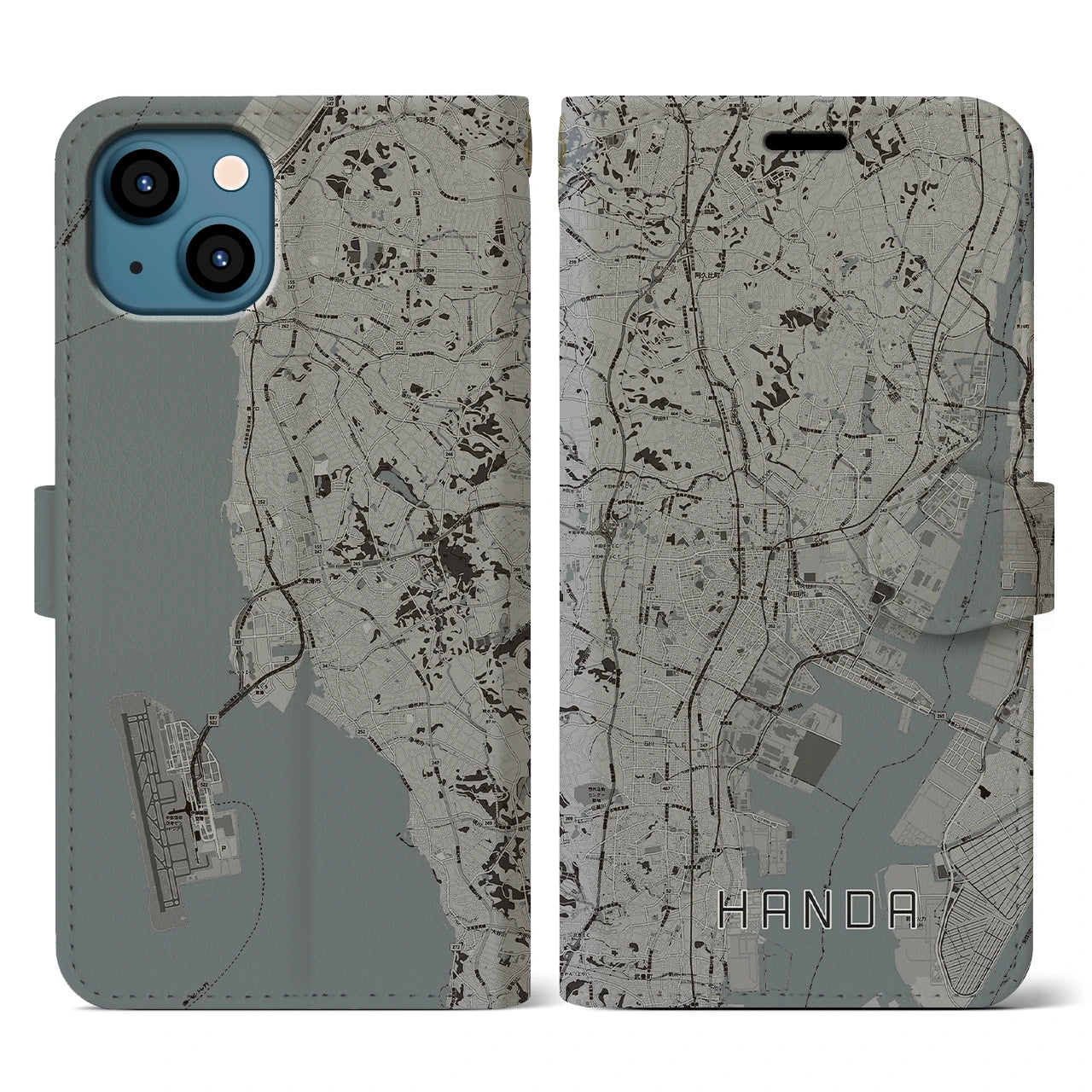 【半田(愛知県)】地図柄iPhoneケース(手帳タイプ)モノトーン・iPhone 13 用