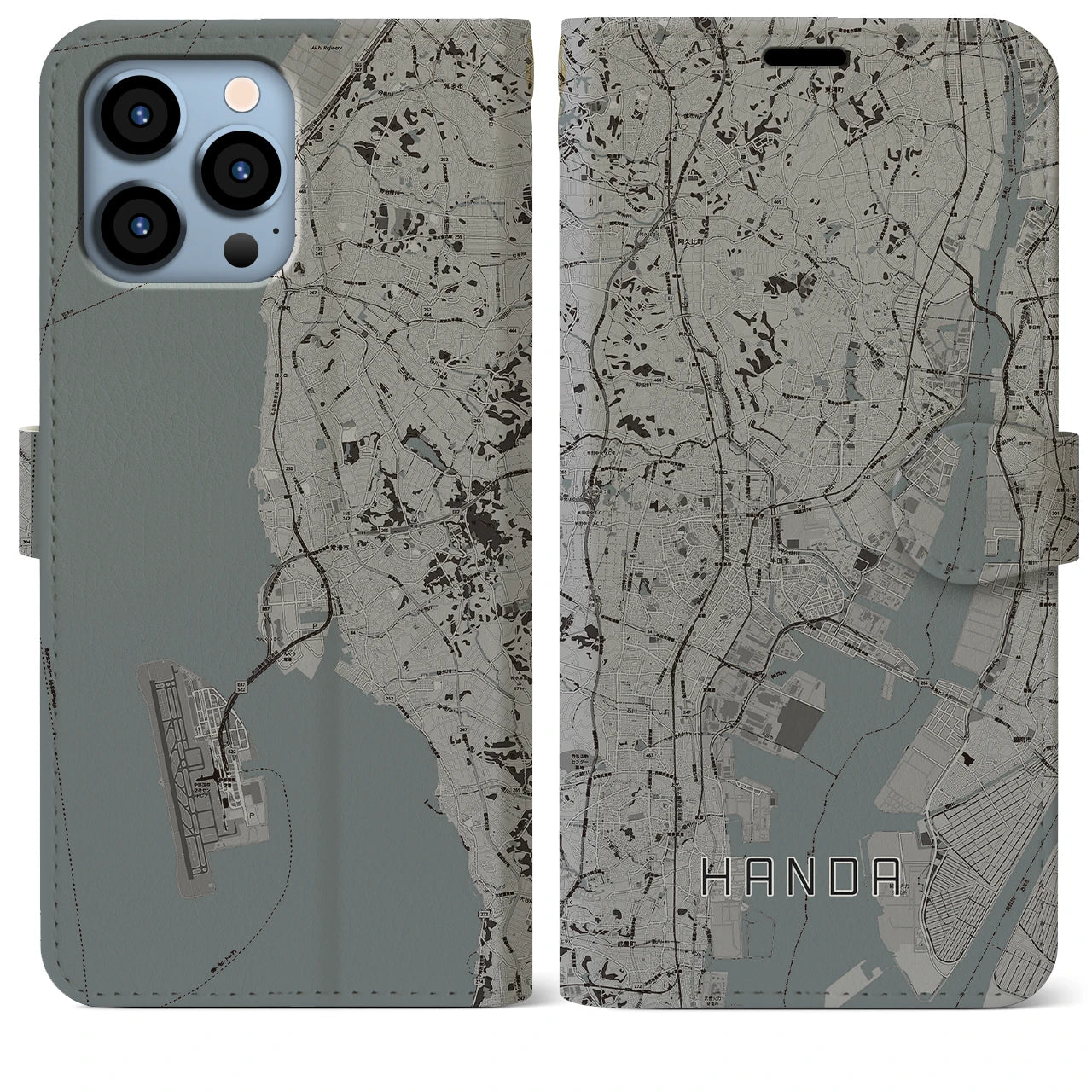 【半田(愛知県)】地図柄iPhoneケース(手帳タイプ)モノトーン・iPhone 13 Pro Max 用