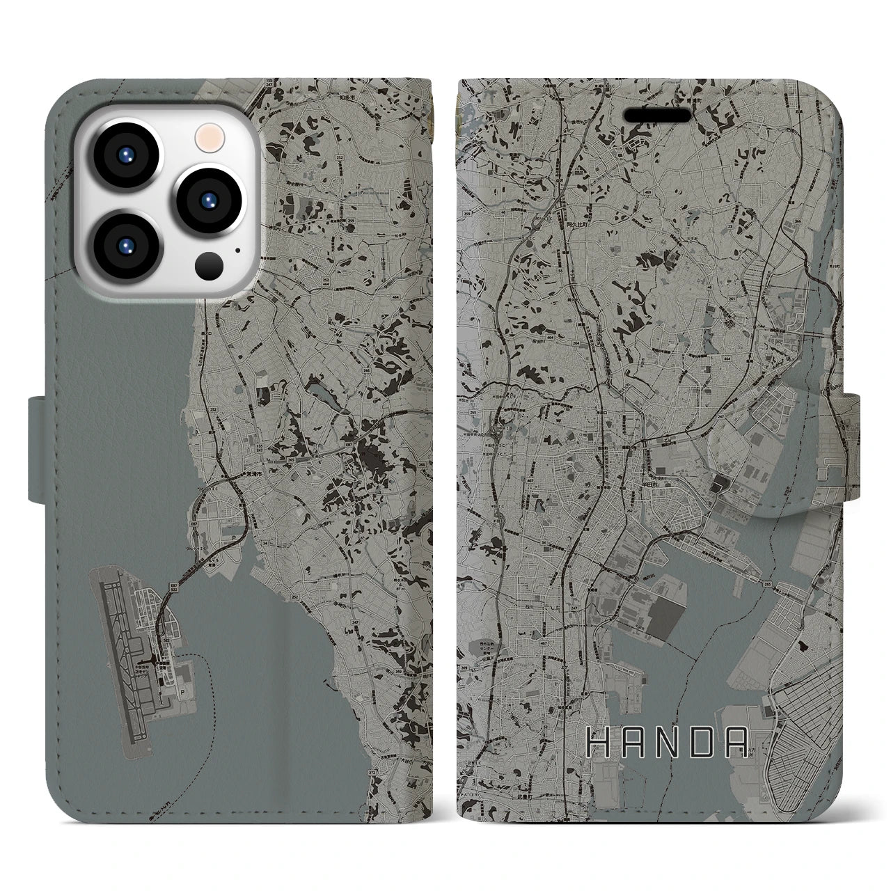 【半田(愛知県)】地図柄iPhoneケース(手帳タイプ)モノトーン・iPhone 13 Pro 用