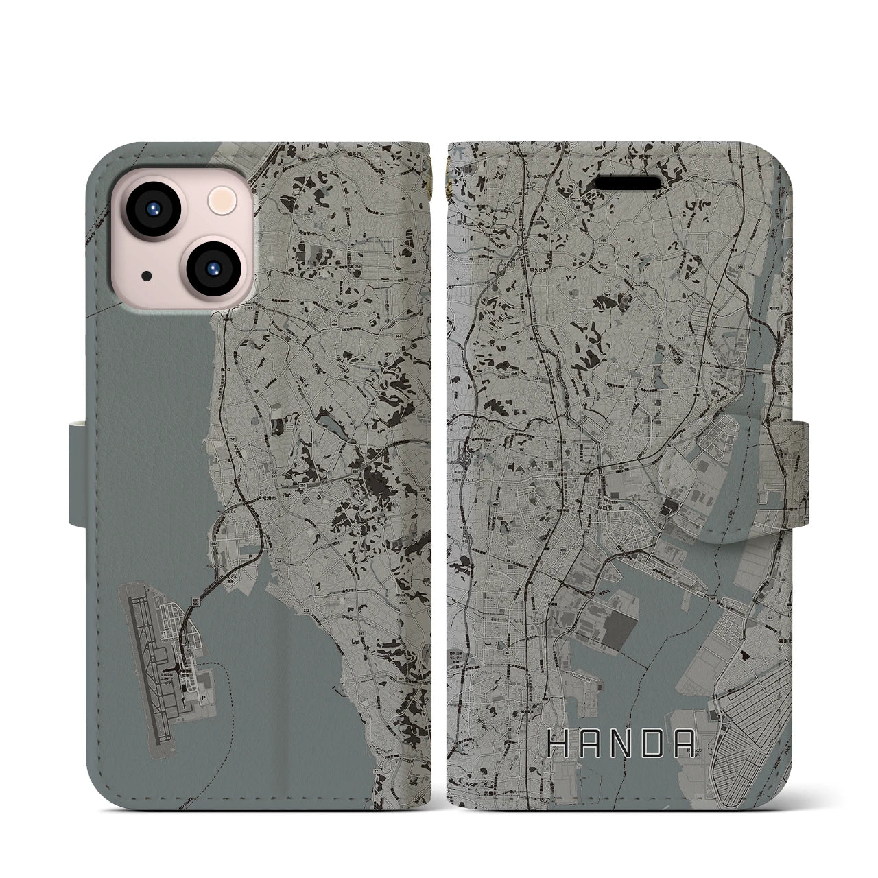 【半田(愛知県)】地図柄iPhoneケース(手帳タイプ)モノトーン・iPhone 13 mini 用