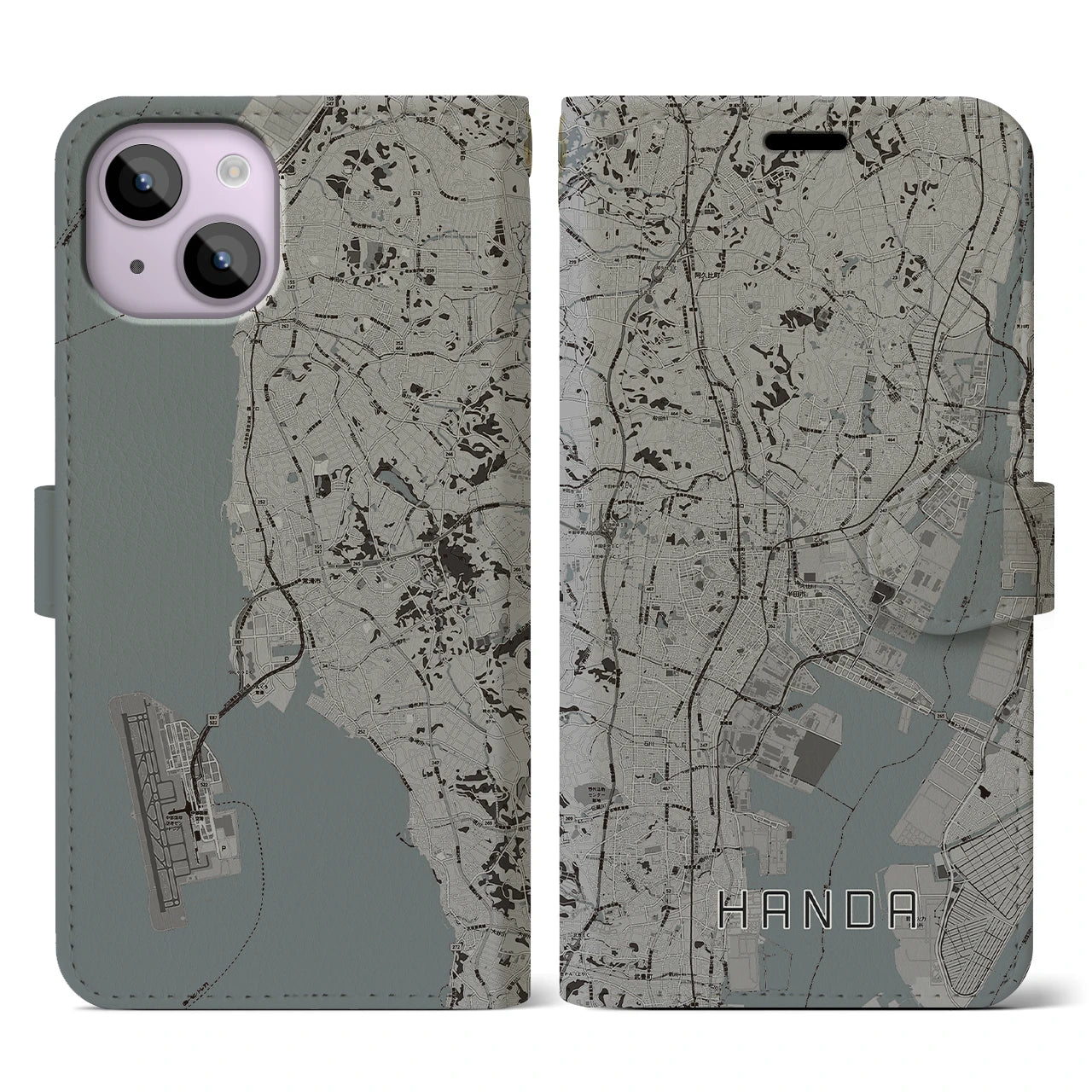 【半田(愛知県)】地図柄iPhoneケース(手帳タイプ)モノトーン・iPhone 14 用