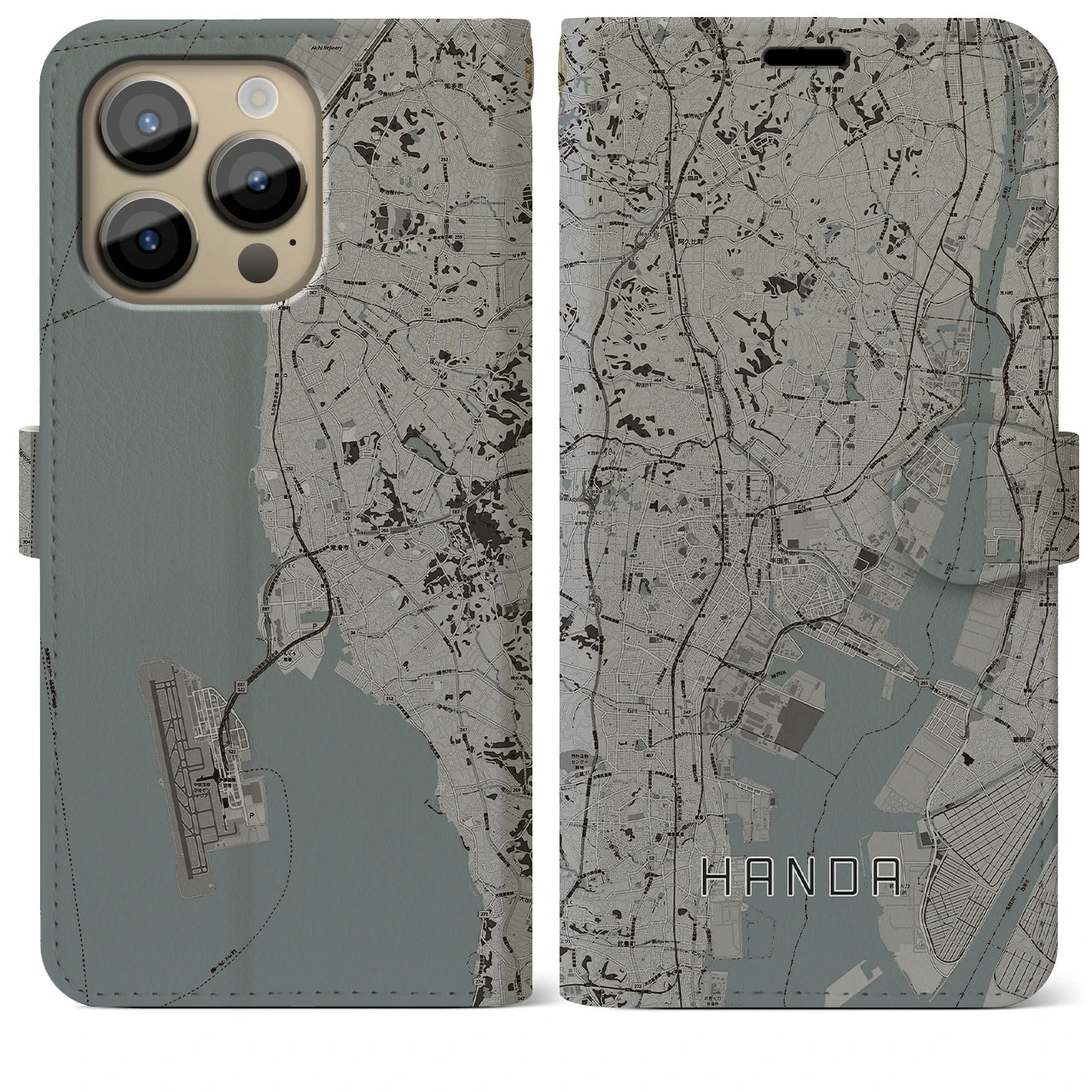 【半田(愛知県)】地図柄iPhoneケース(手帳タイプ)モノトーン・iPhone 14 Pro Max 用