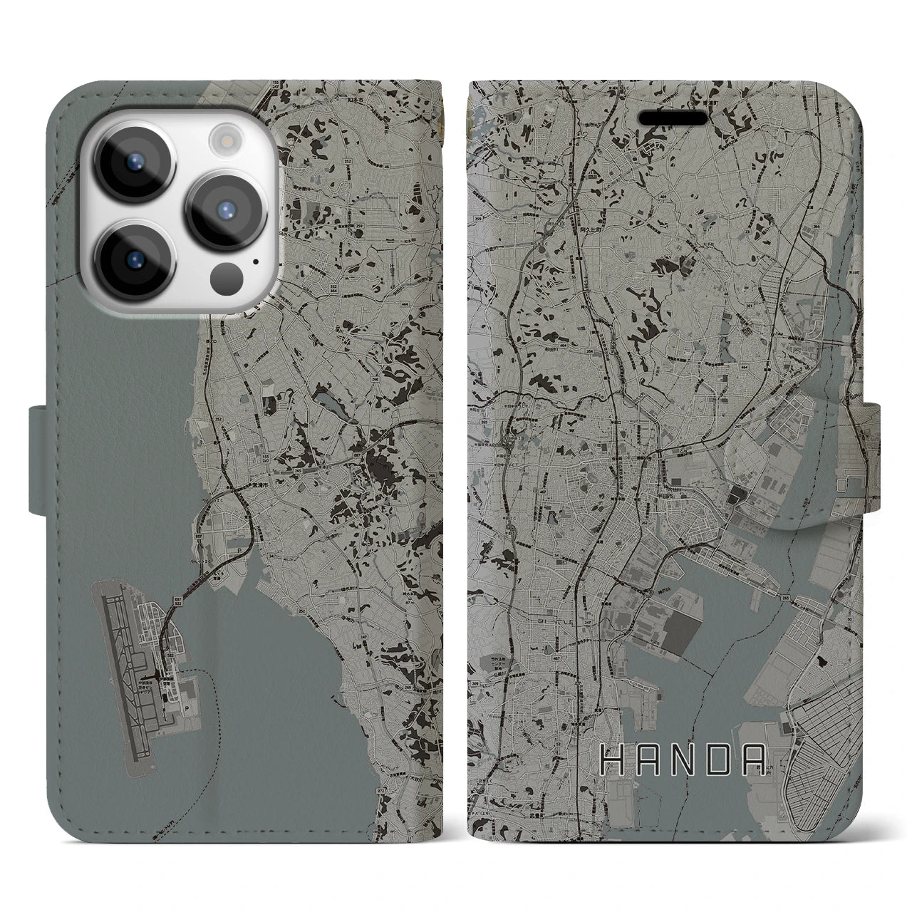 【半田(愛知県)】地図柄iPhoneケース(手帳タイプ)モノトーン・iPhone 14 Pro 用