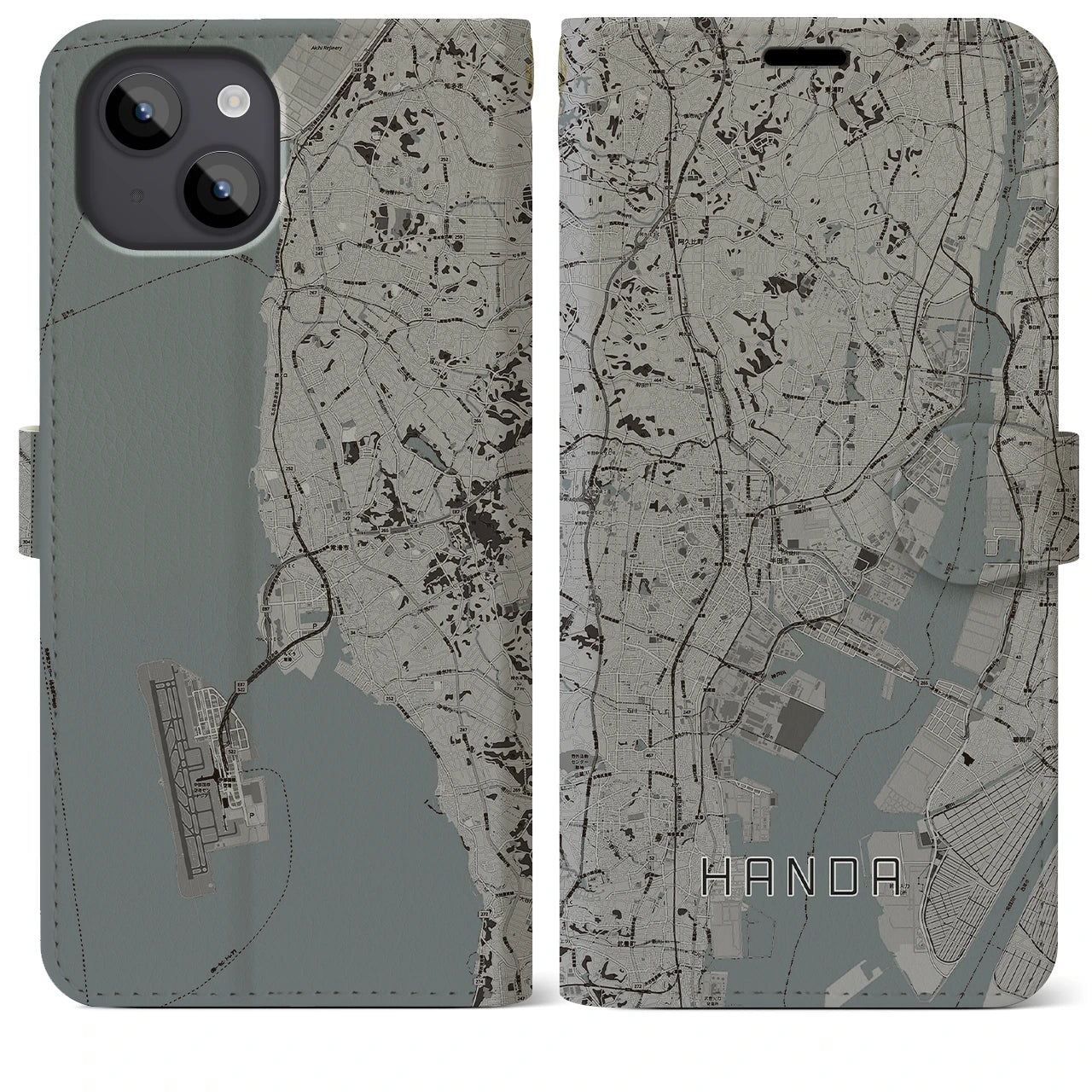 【半田(愛知県)】地図柄iPhoneケース(手帳タイプ)モノトーン・iPhone 14 Plus 用