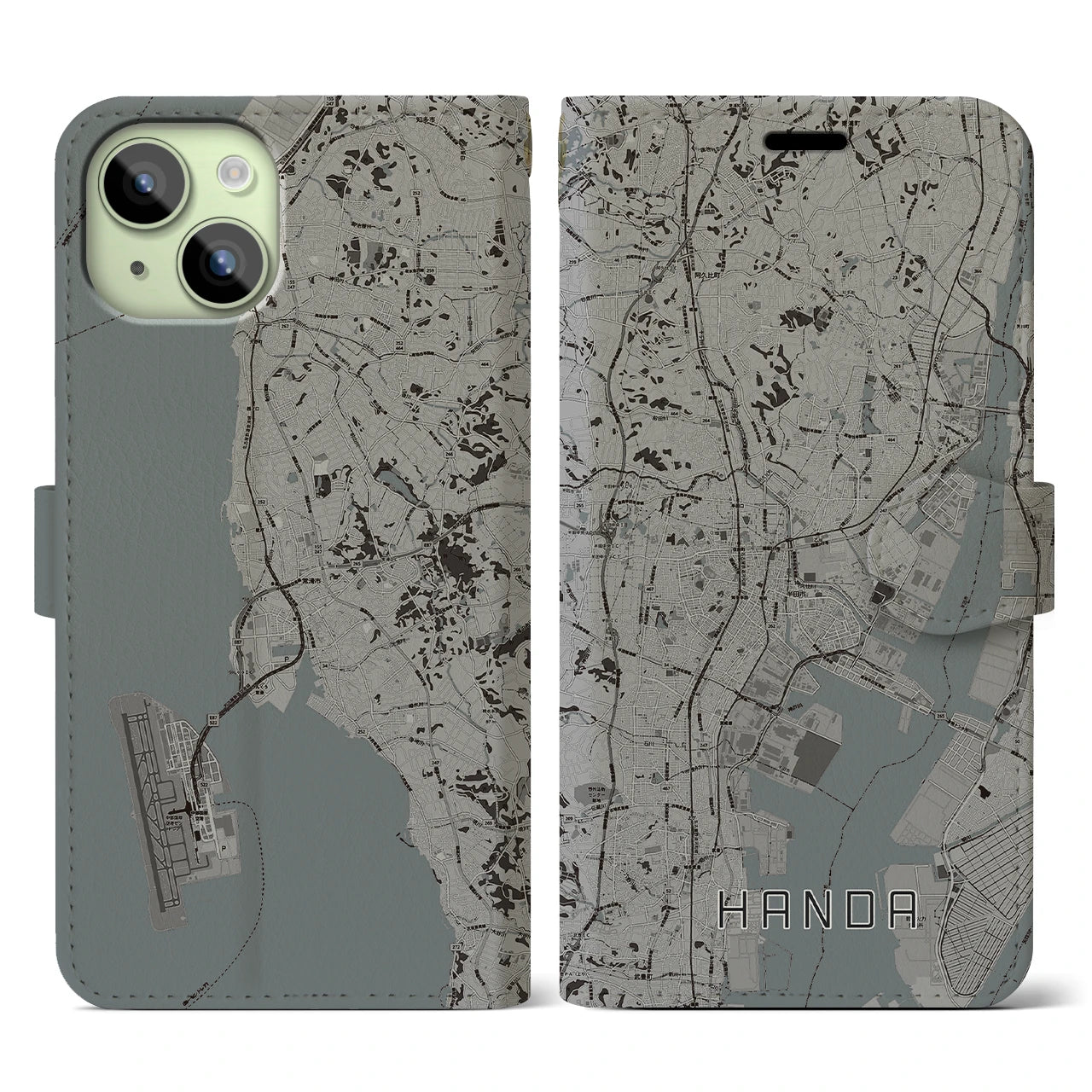 【半田(愛知県)】地図柄iPhoneケース(手帳タイプ)モノトーン・iPhone 15 用