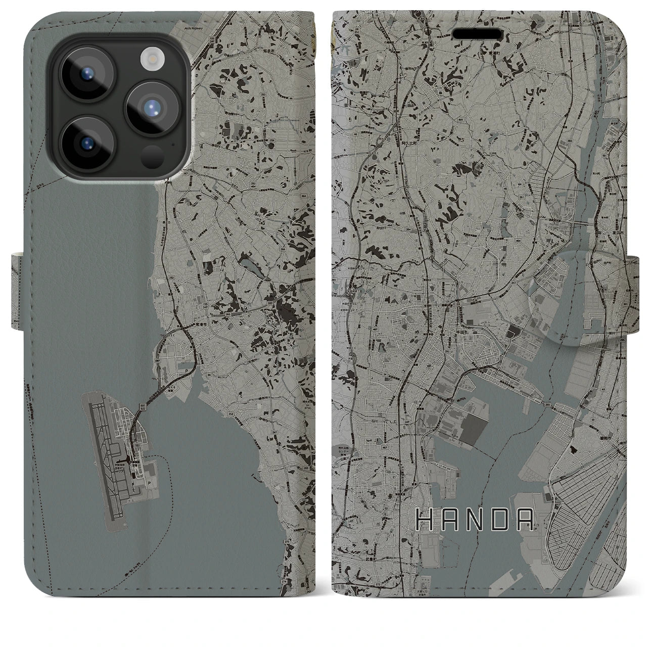 【半田(愛知県)】地図柄iPhoneケース(手帳タイプ)モノトーン・iPhone 15 Pro Max 用