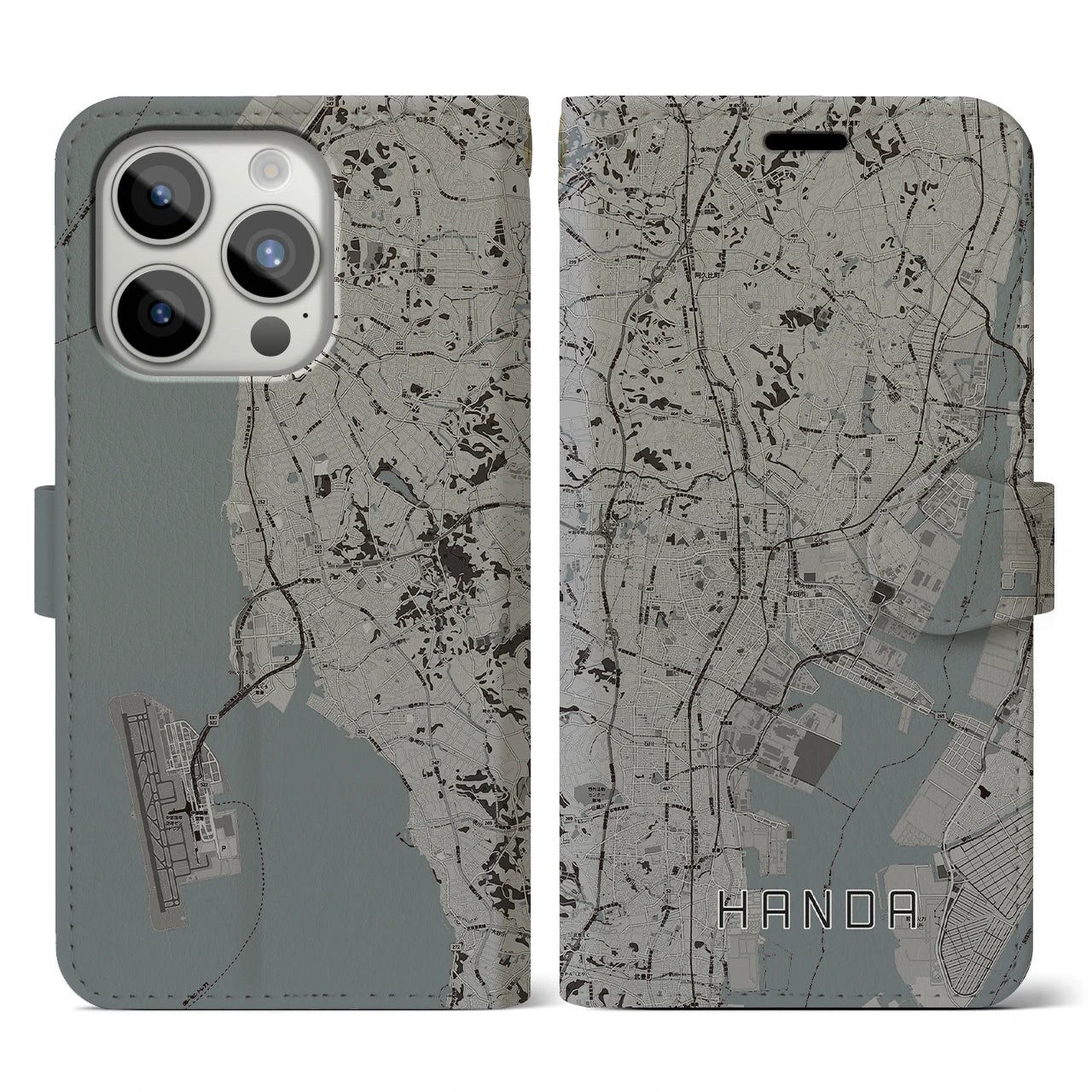 【半田(愛知県)】地図柄iPhoneケース(手帳タイプ)モノトーン・iPhone 15 Pro 用